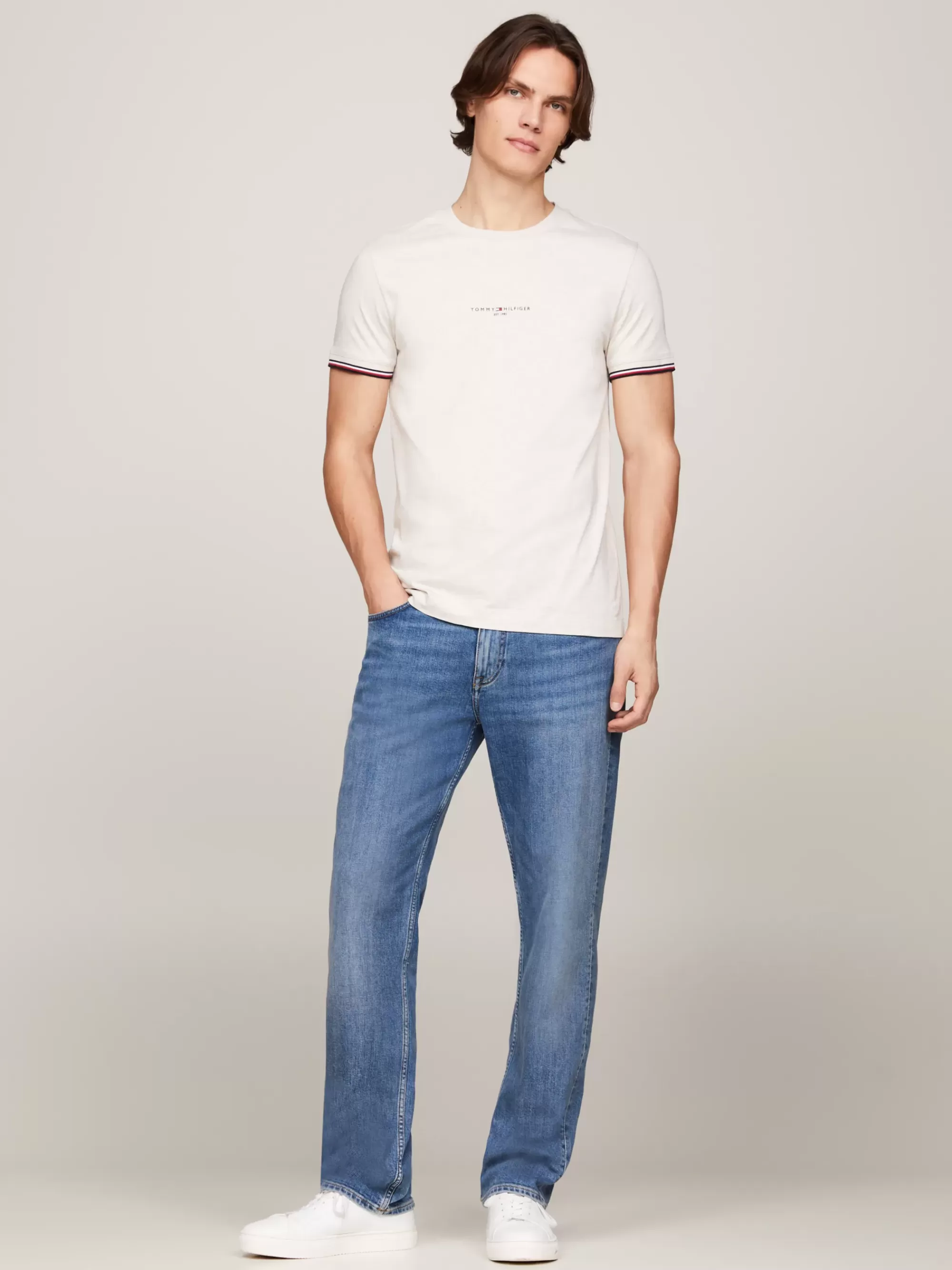 T-Shirts*Tommy Hilfiger Slim Fit T-shirt Met Signature-randen HEATHERED OATMILK