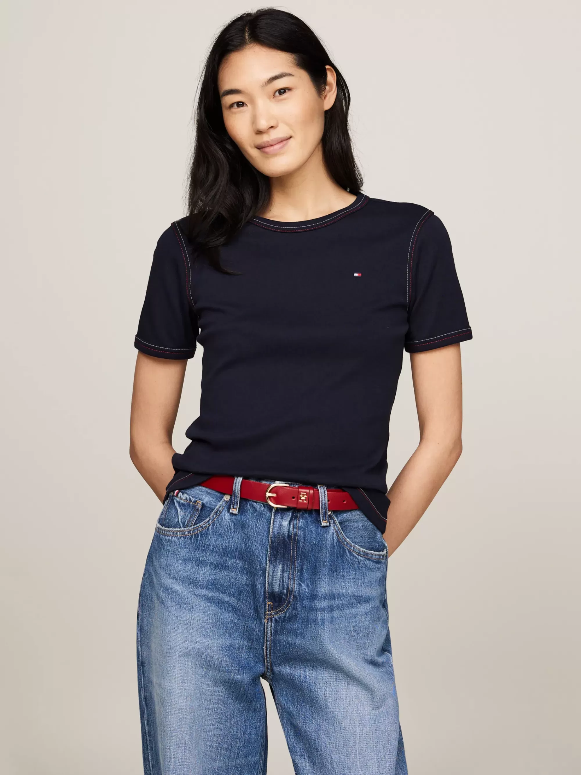 T-Shirts*Tommy Hilfiger Slim Fit T-shirt Met Signature-stiksel DESERT SKY