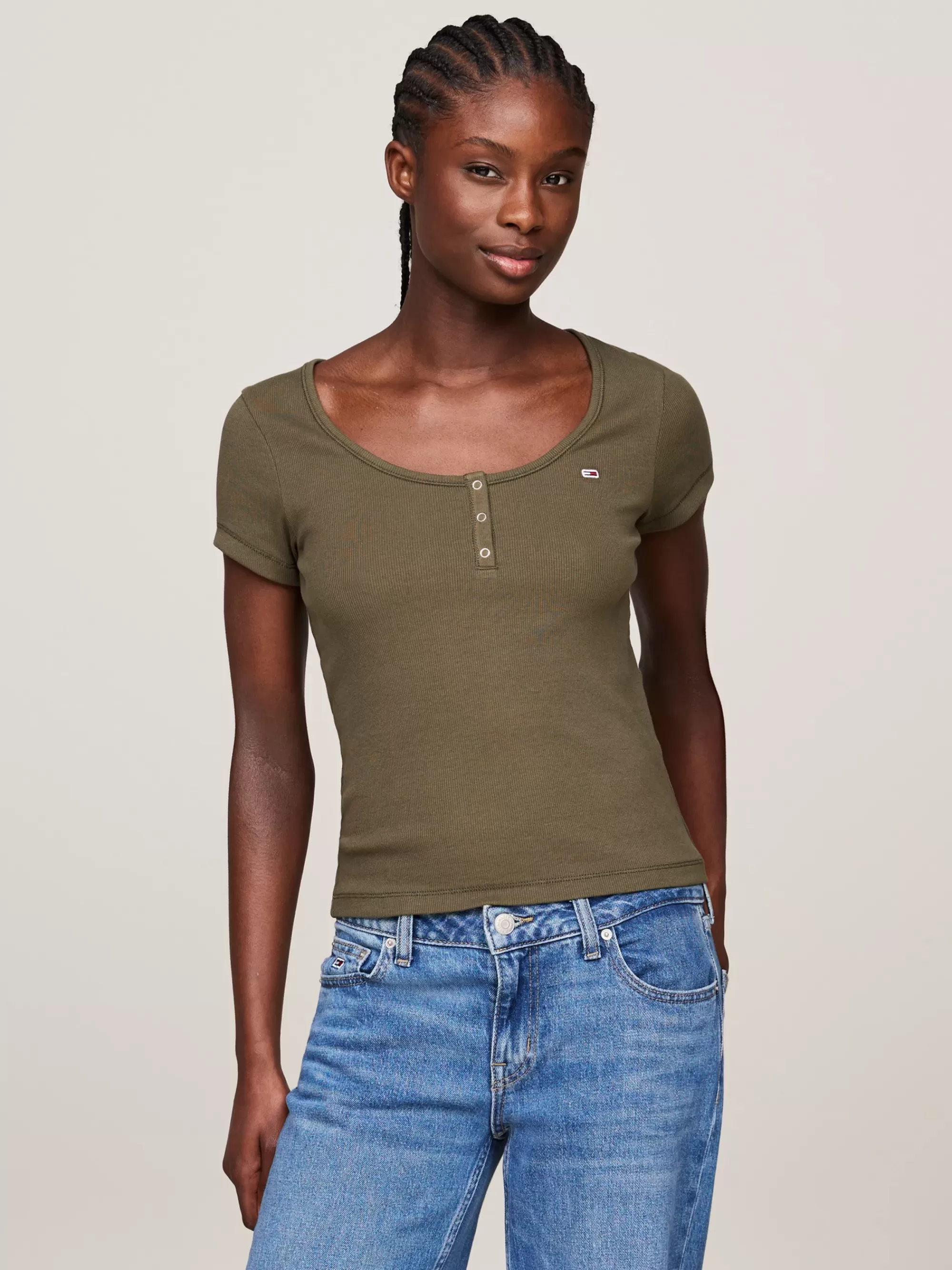 T-Shirts*Tommy Hilfiger Slim Fit T-shirt Met Verlaagde Henley-halslijn FATIGUE GREEN