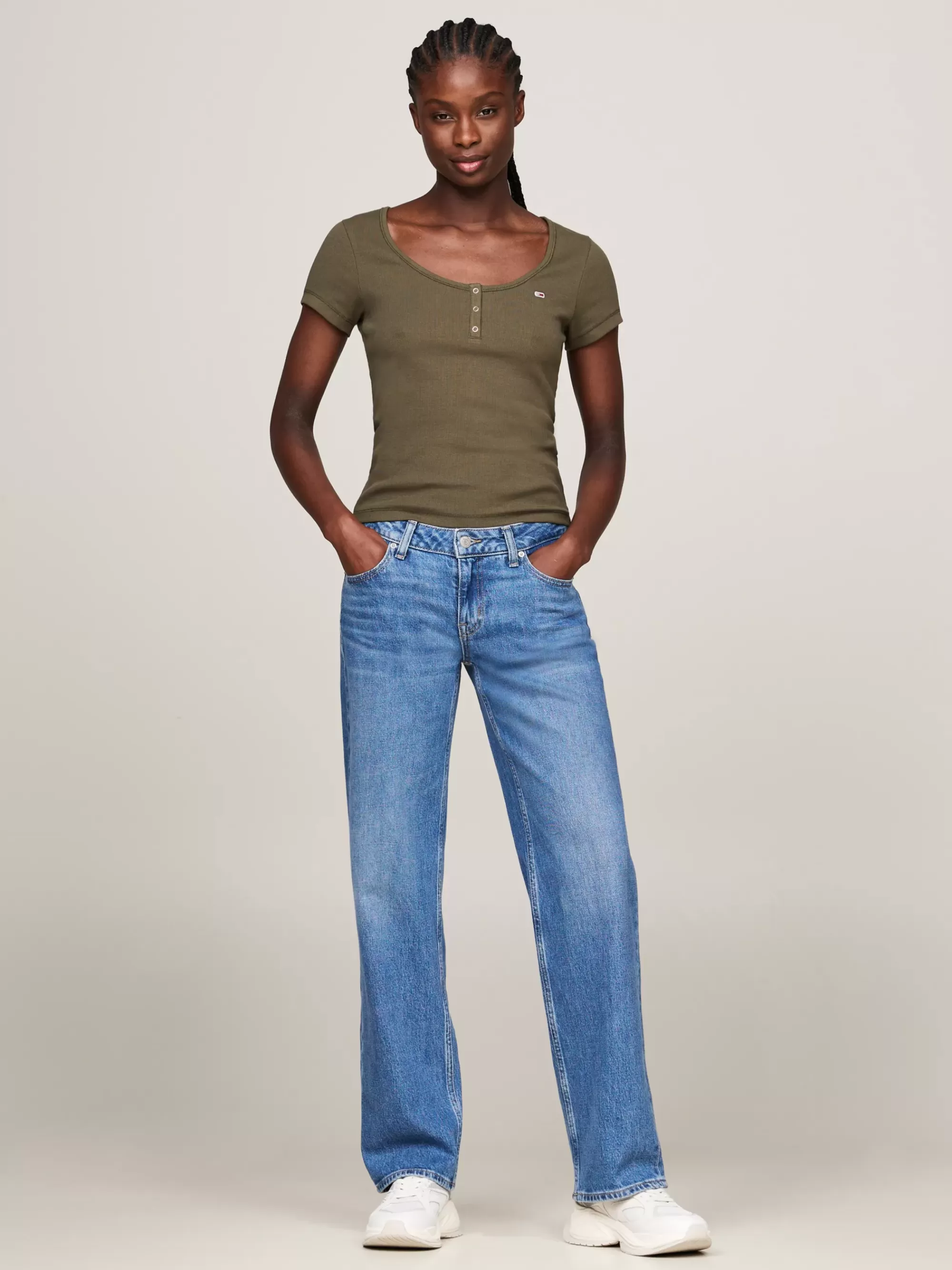 T-Shirts*Tommy Hilfiger Slim Fit T-shirt Met Verlaagde Henley-halslijn FATIGUE GREEN