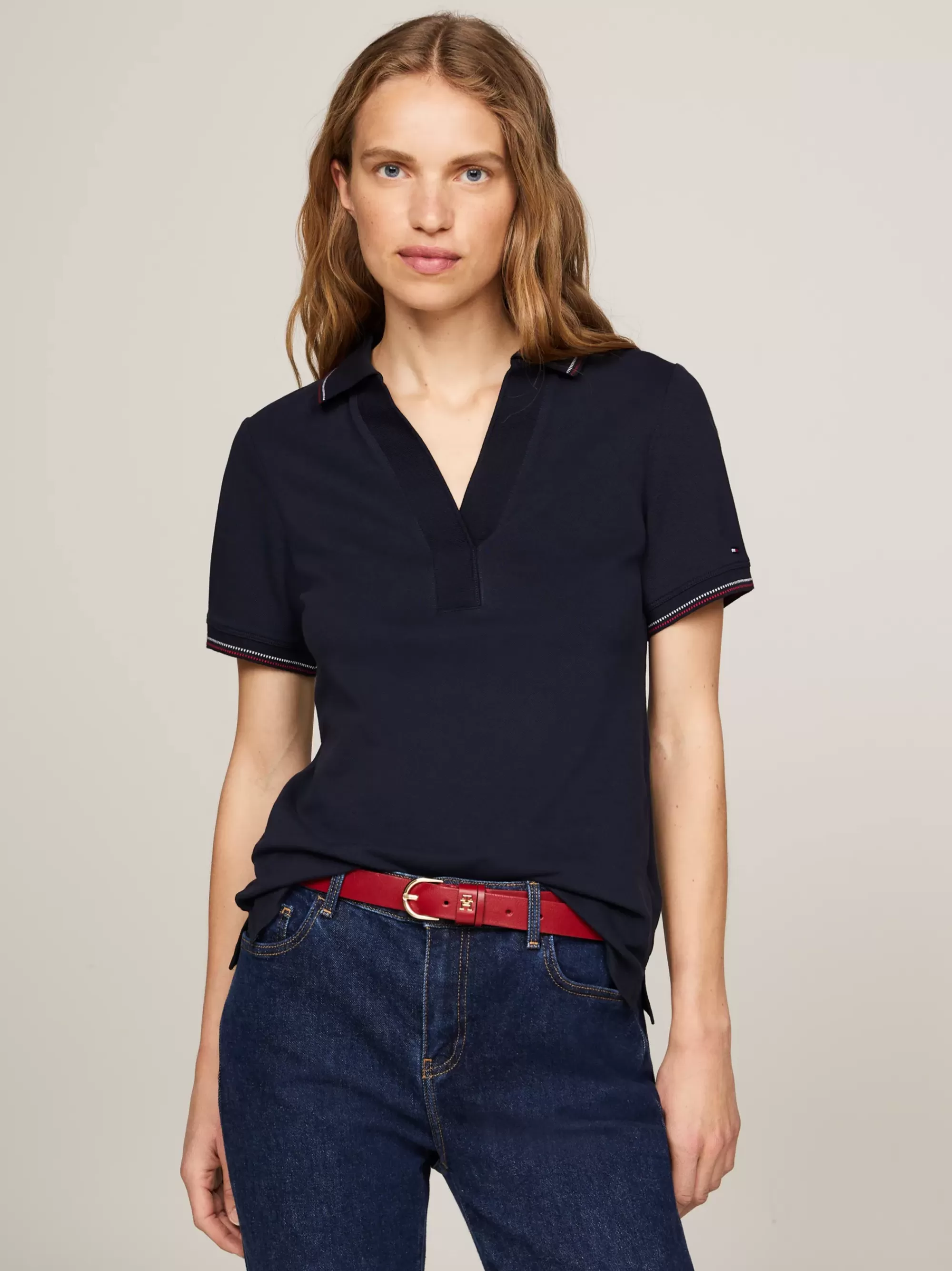 Polo's*Tommy Hilfiger Slim Polo Met Open Placket En Contraststreep DESERT SKY