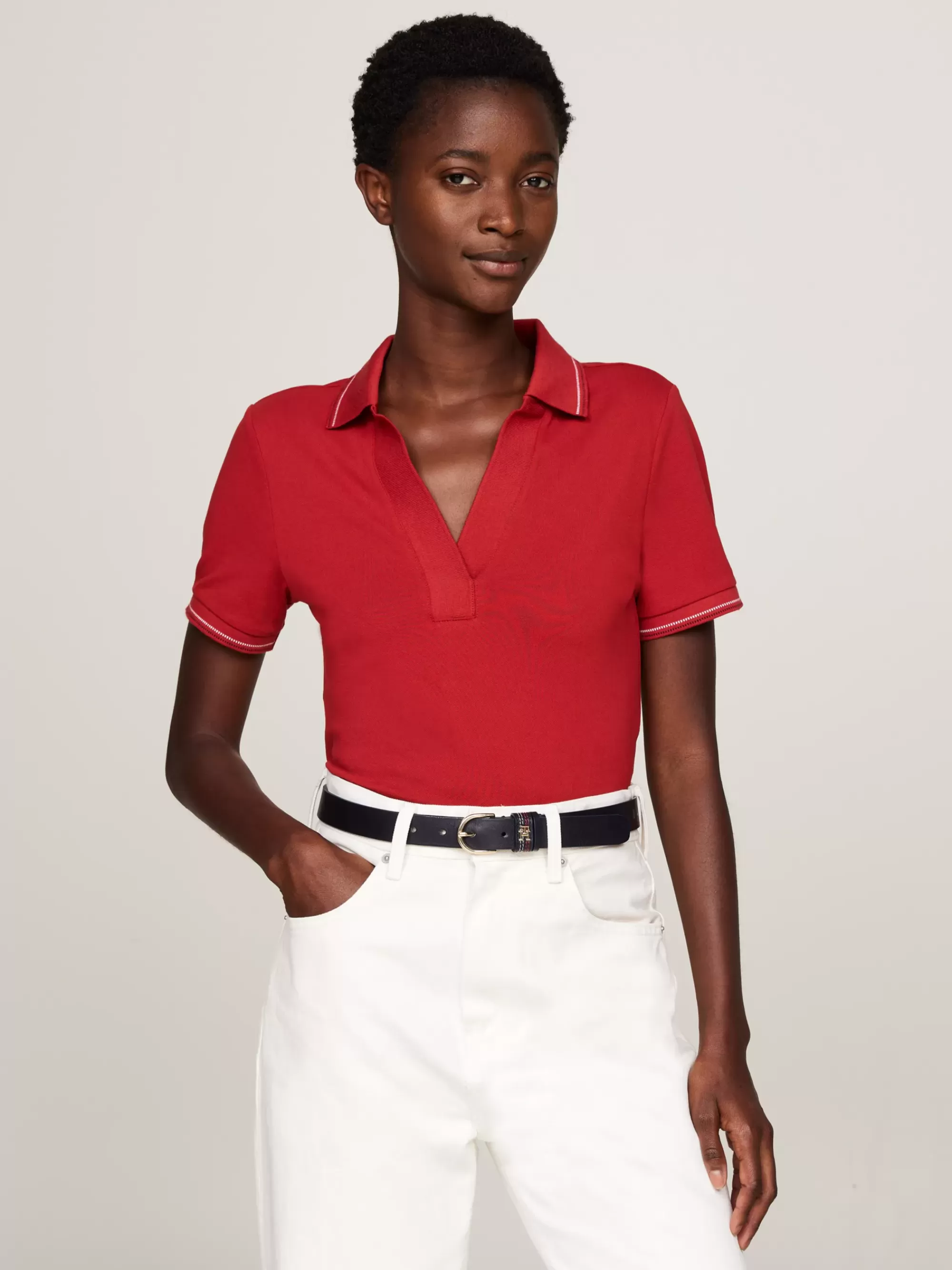 Polo's*Tommy Hilfiger Slim Polo Met Open Placket En Contraststreep DARK MAGMA
