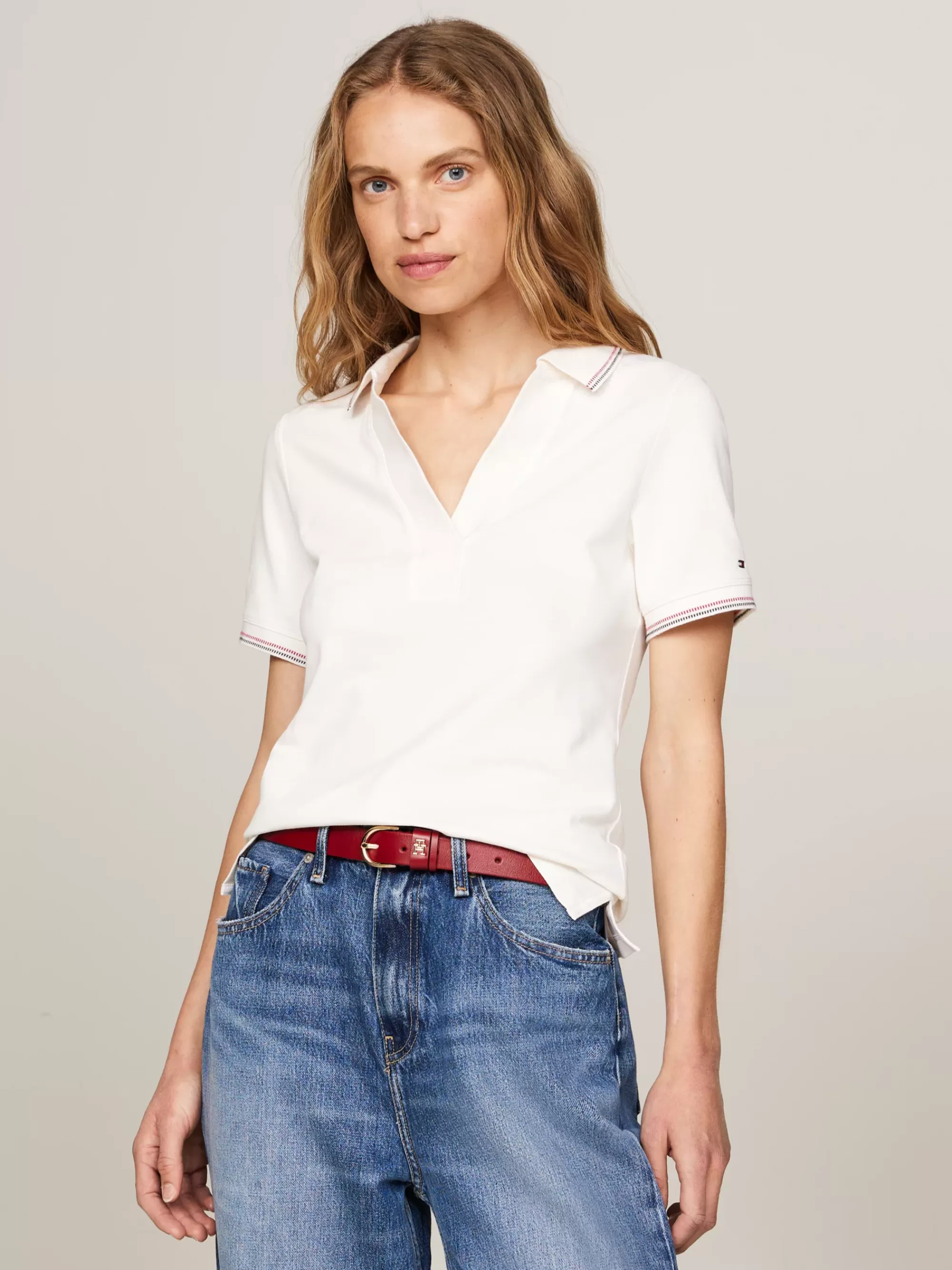 Polo's*Tommy Hilfiger Slim Polo Met Open Placket En Contraststreep ANCIENT WHITE