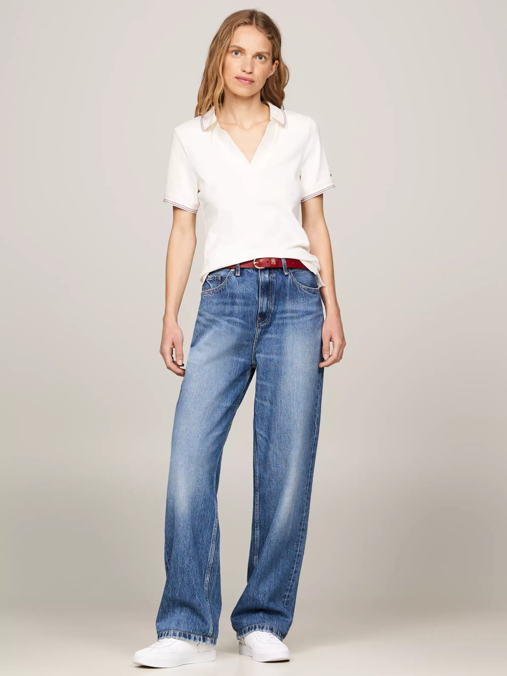 Polo's*Tommy Hilfiger Slim Polo Met Open Placket En Contraststreep ANCIENT WHITE