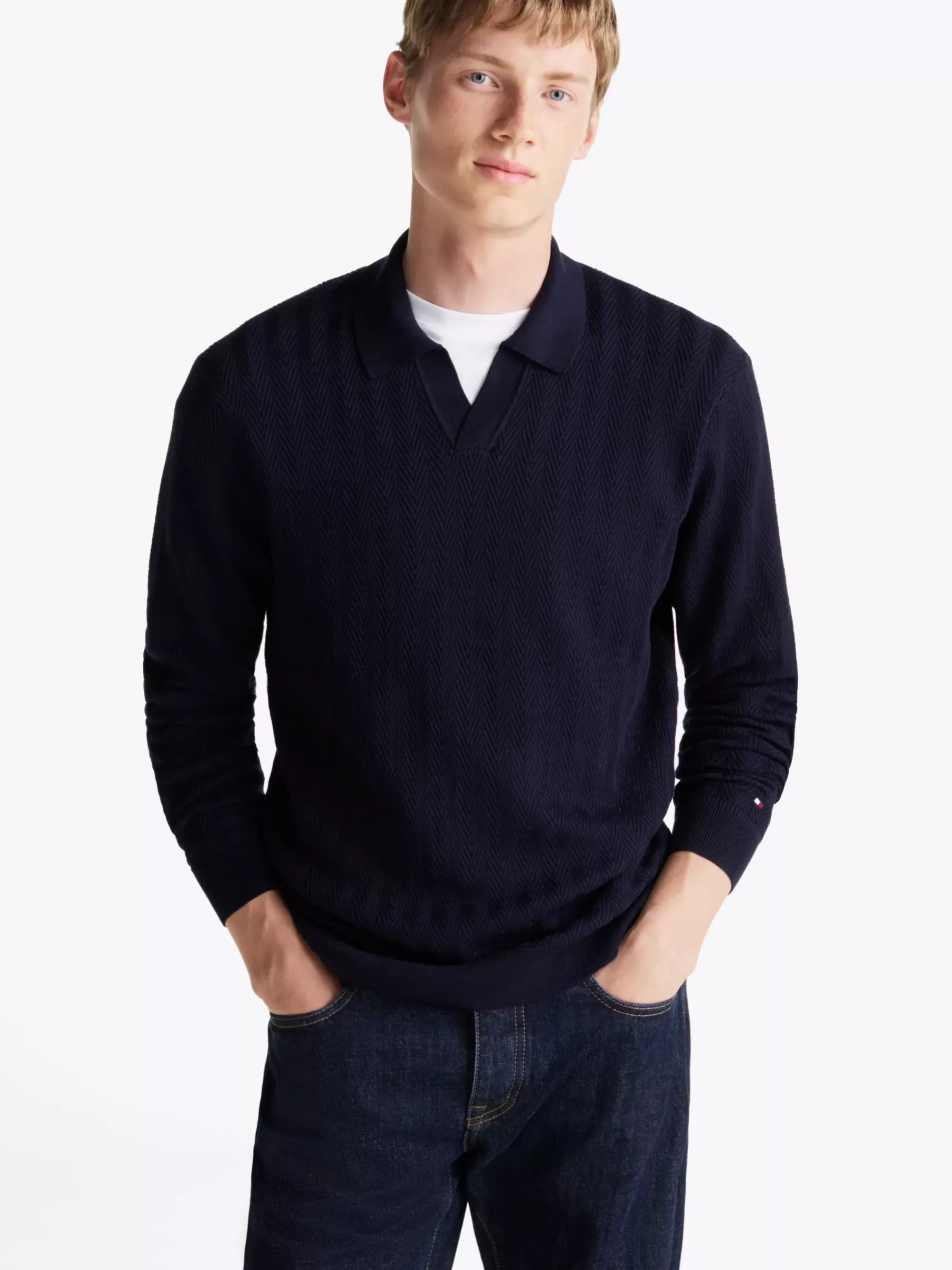 Truien Met Ronde Hals | Truien*Tommy Hilfiger Smart Casual Polotrui Met Visgraatmotief DESERT SKY