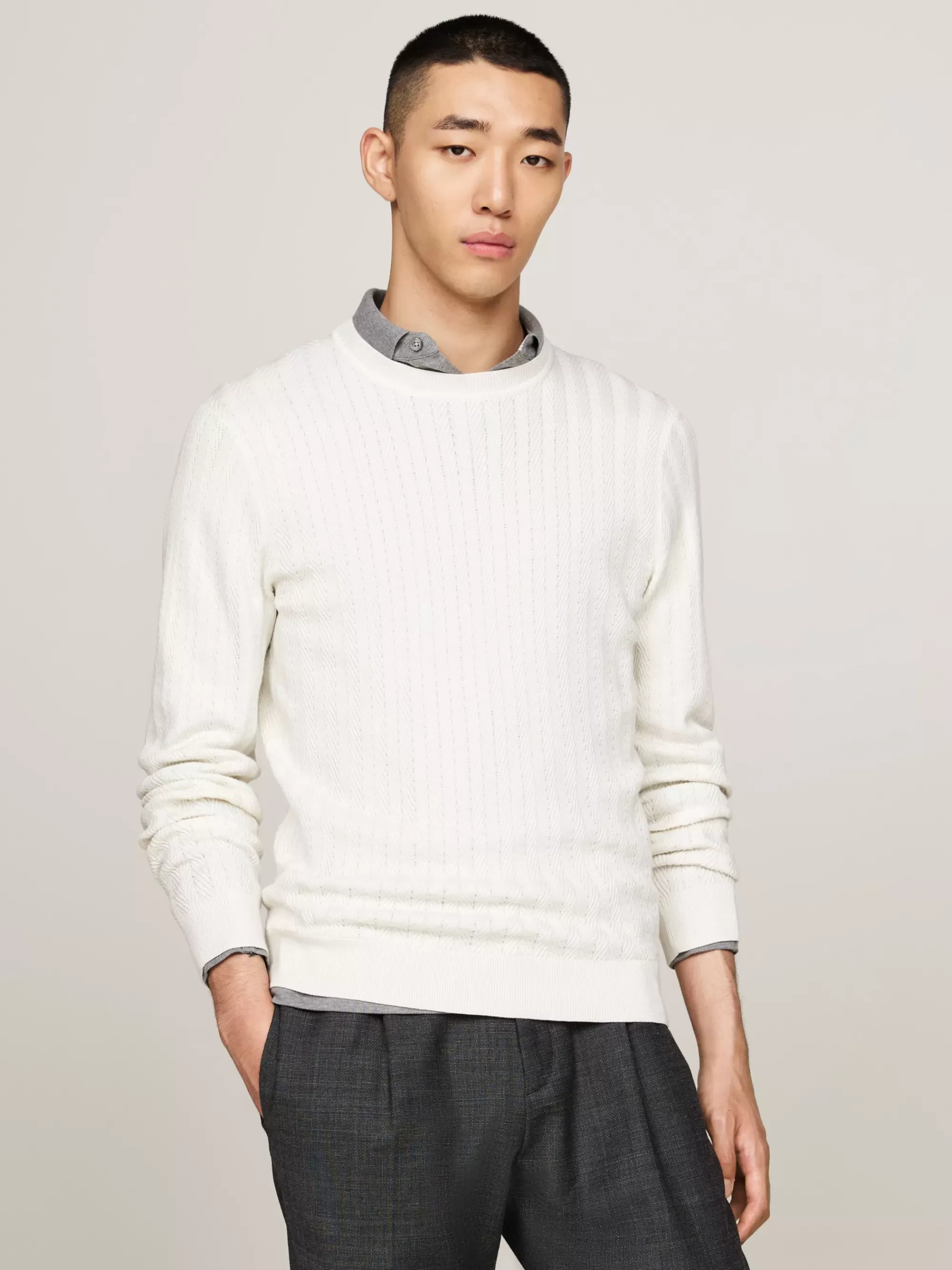 Truien Met Ronde Hals | Truien*Tommy Hilfiger Smart Casual Trui Met Visgraatmotief IVORY
