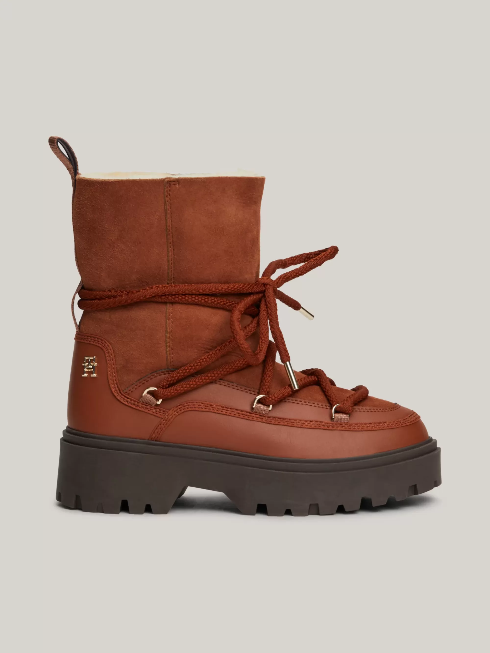 Laarzen & Enkellaarzen*Tommy Hilfiger Snowboot Van Shearling Leer Met Veters COGNAC BROWN