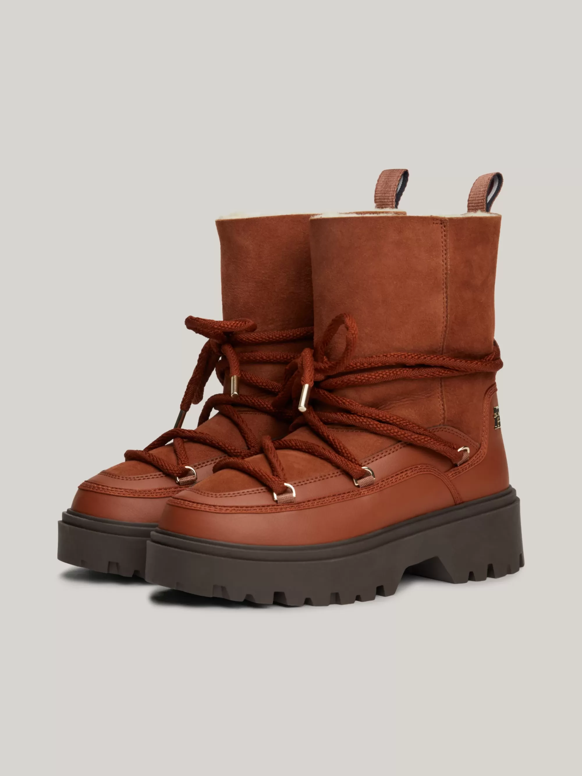 Laarzen & Enkellaarzen*Tommy Hilfiger Snowboot Van Shearling Leer Met Veters COGNAC BROWN