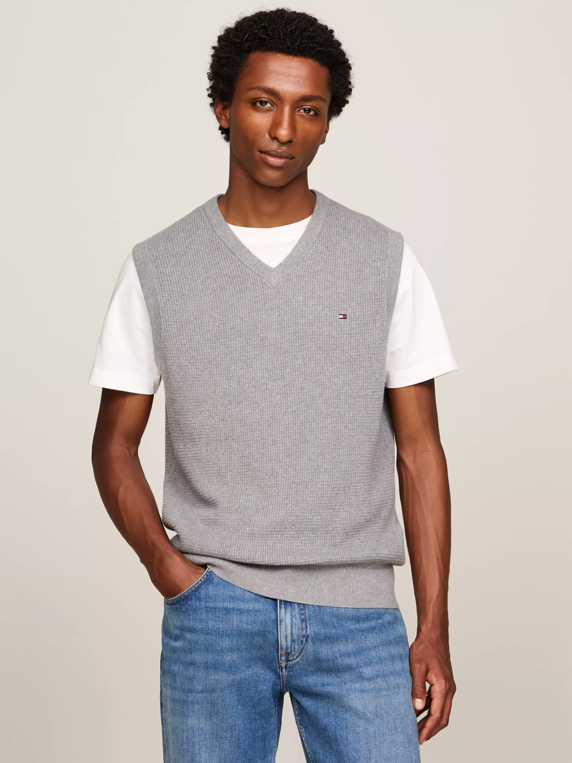Truien & Vesten*Tommy Hilfiger Spencer Met Wafelsteek En Gemengde Ruit MEDIUM GREY HEATHER