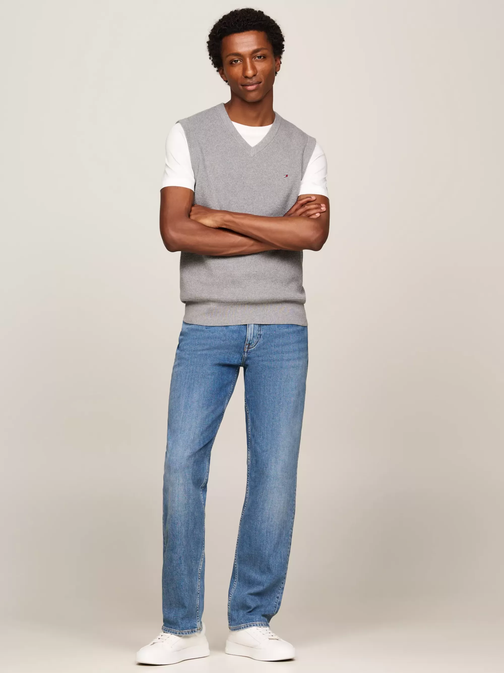 Truien & Vesten*Tommy Hilfiger Spencer Met Wafelsteek En Gemengde Ruit MEDIUM GREY HEATHER