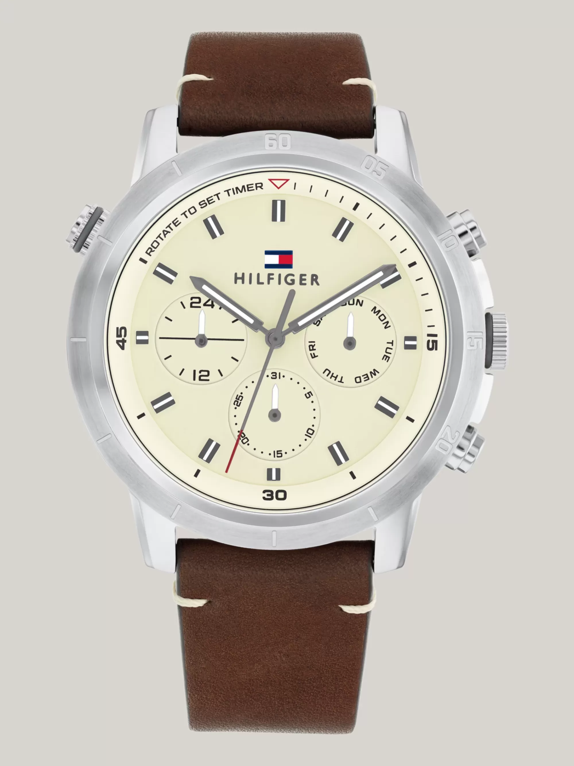 Horloges*Tommy Hilfiger Sporthorloge Met Bruine Leren Band SILVER