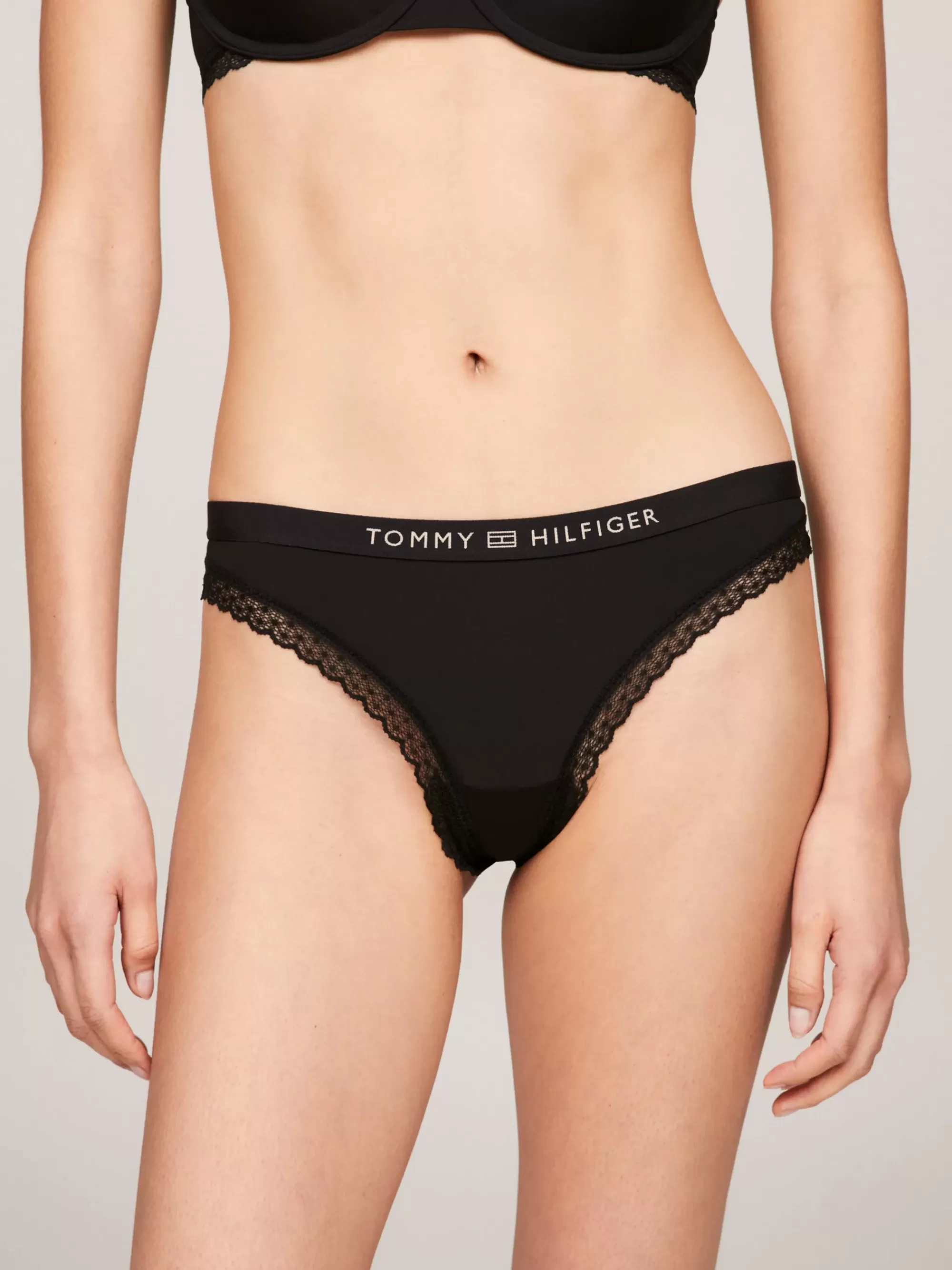Slips | Lingerie*Tommy Hilfiger String Met Kant En Ton-sur-ton Logo BLACK