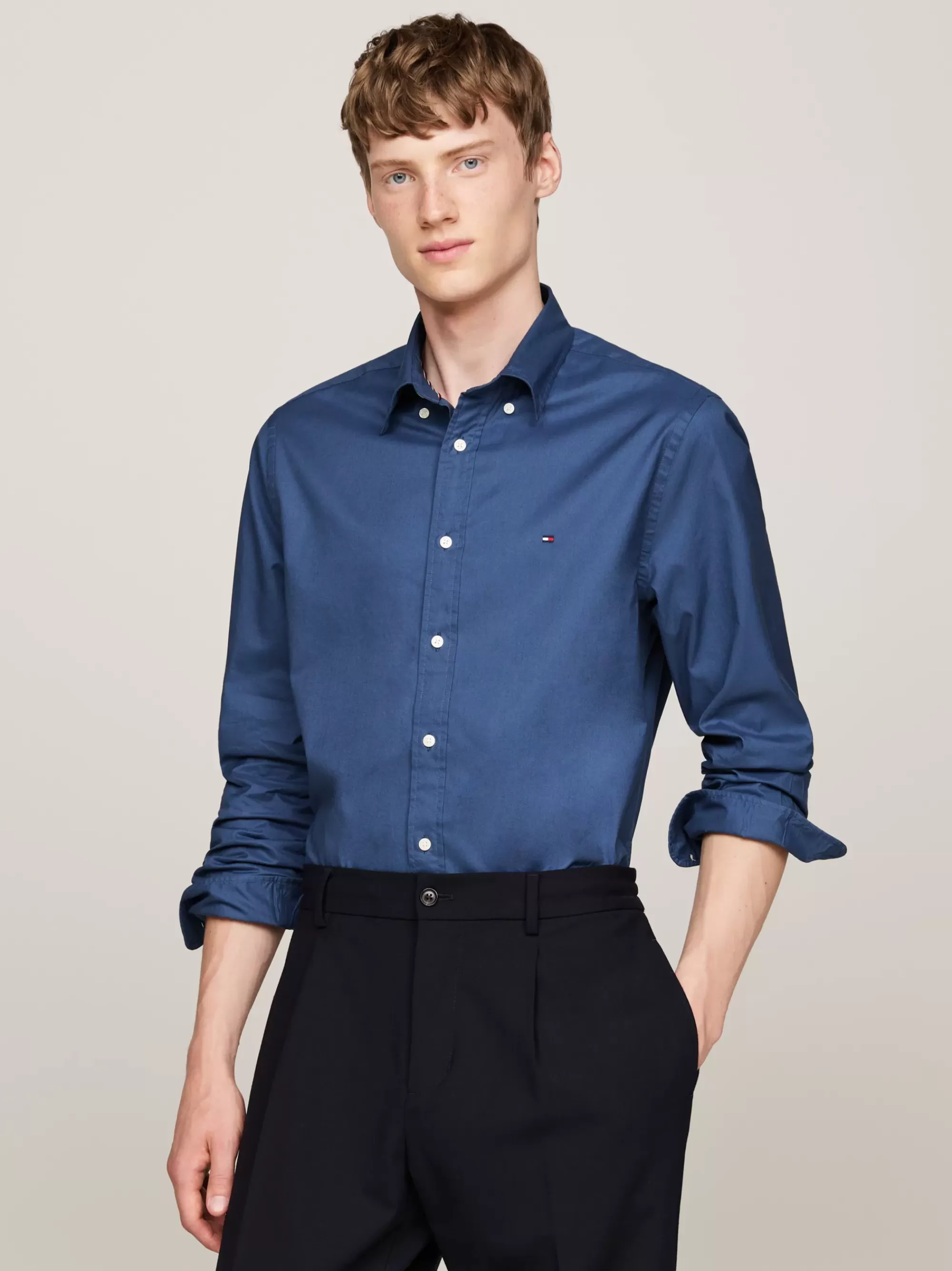 Overhemden*Tommy Hilfiger TH Flex Regular Fit Poplin Overhemd AEGEAN SEA