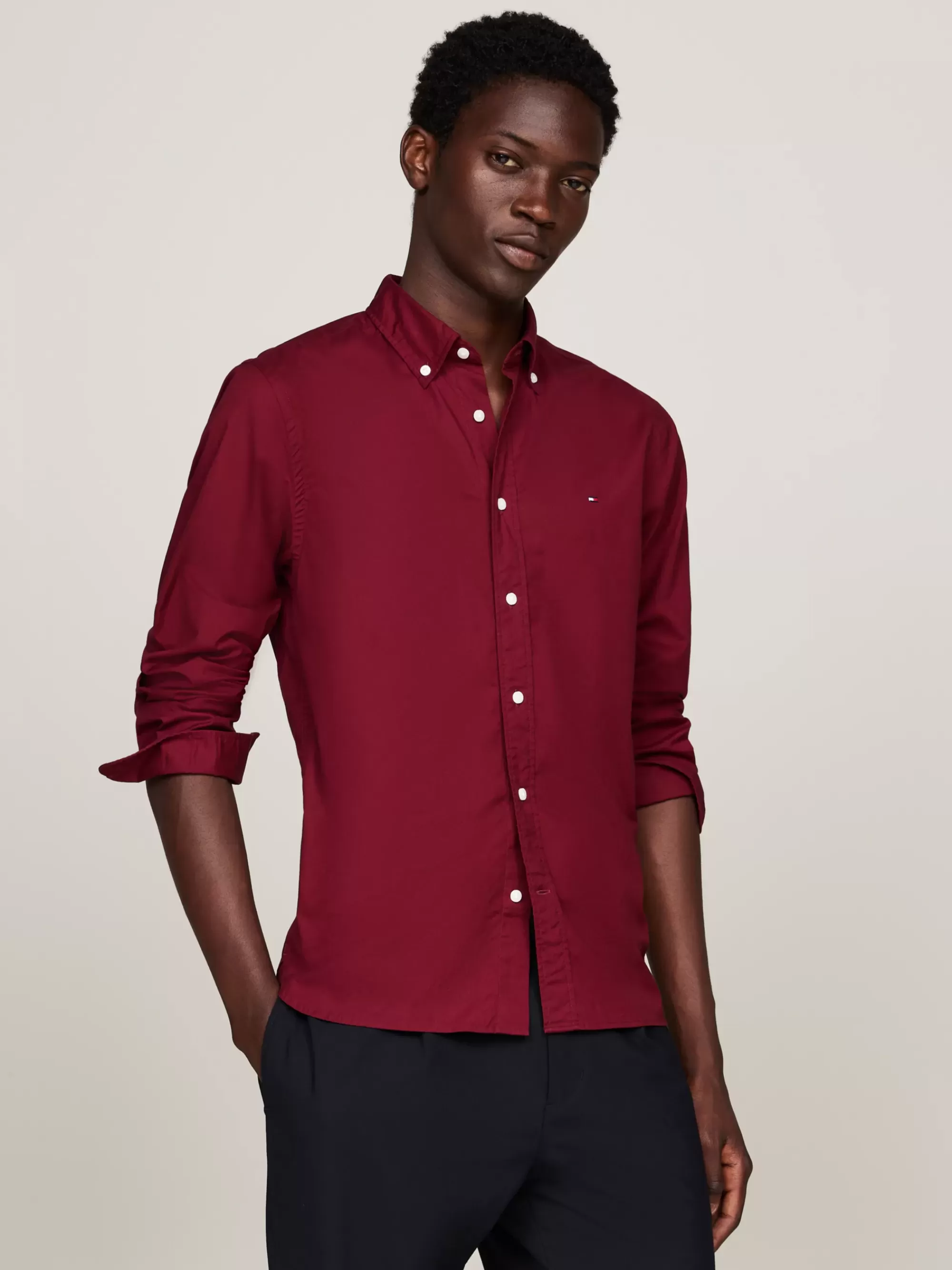 Overhemden*Tommy Hilfiger TH Flex Regular Fit Poplin Overhemd DEEP ROUGE