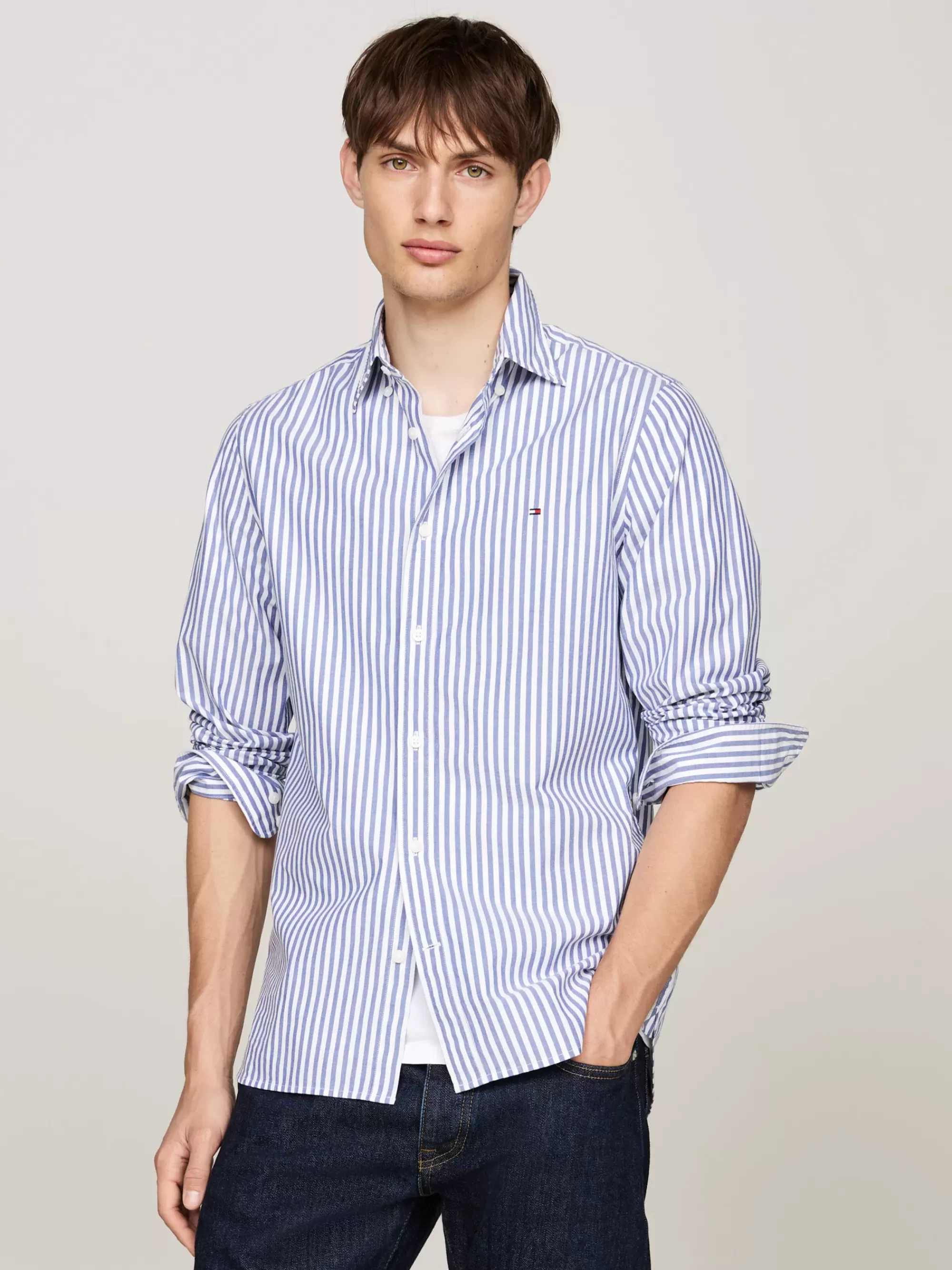 Overhemden*Tommy Hilfiger TH Flex Slim Fit Poplin Overhemd Met Strepen MID BLUE / OPTIC WHITE