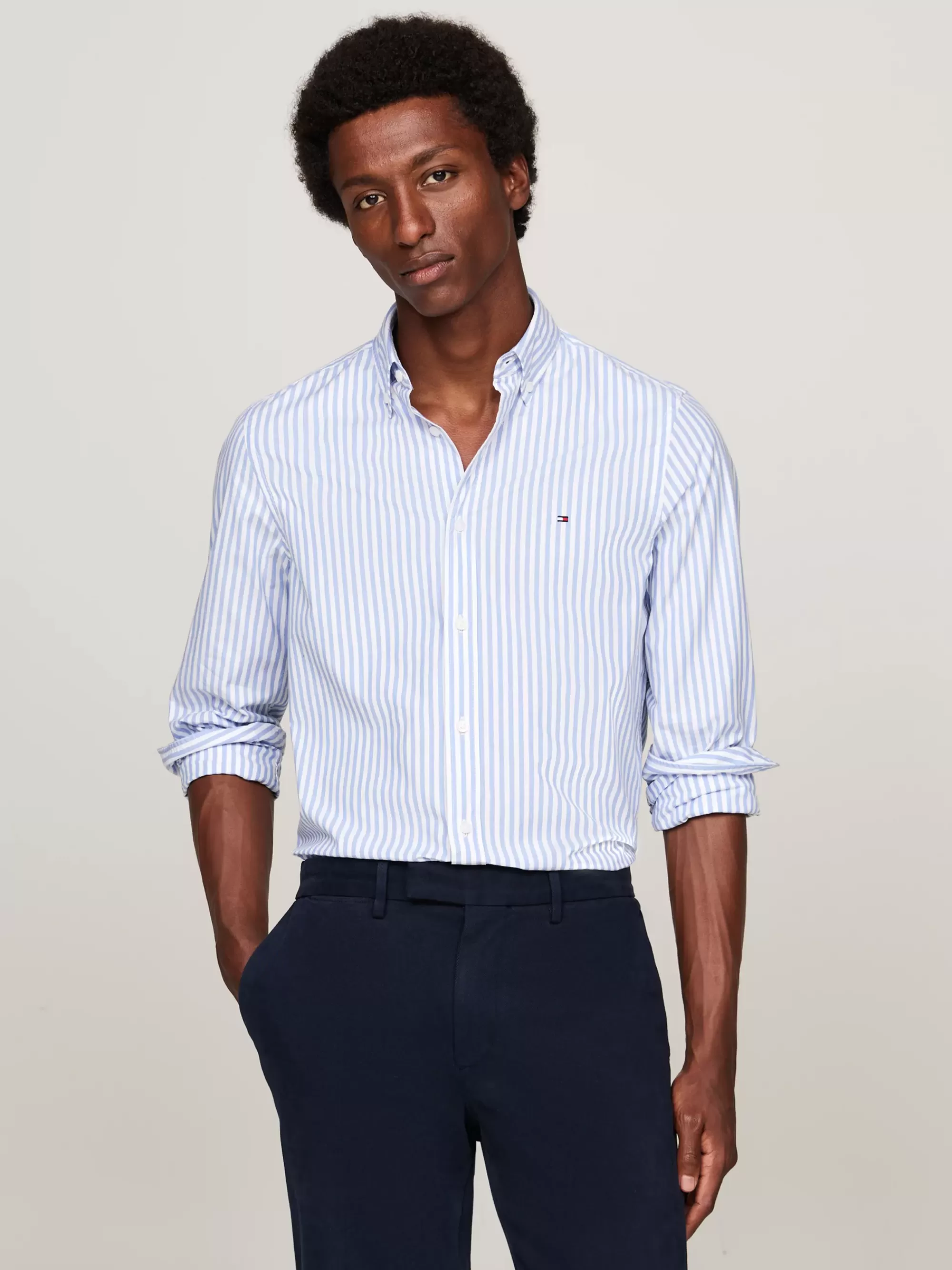 Overhemden*Tommy Hilfiger TH Flex Slim Fit Poplin Overhemd Met Strepen VESSEL BLUE/OPTIC WHITE
