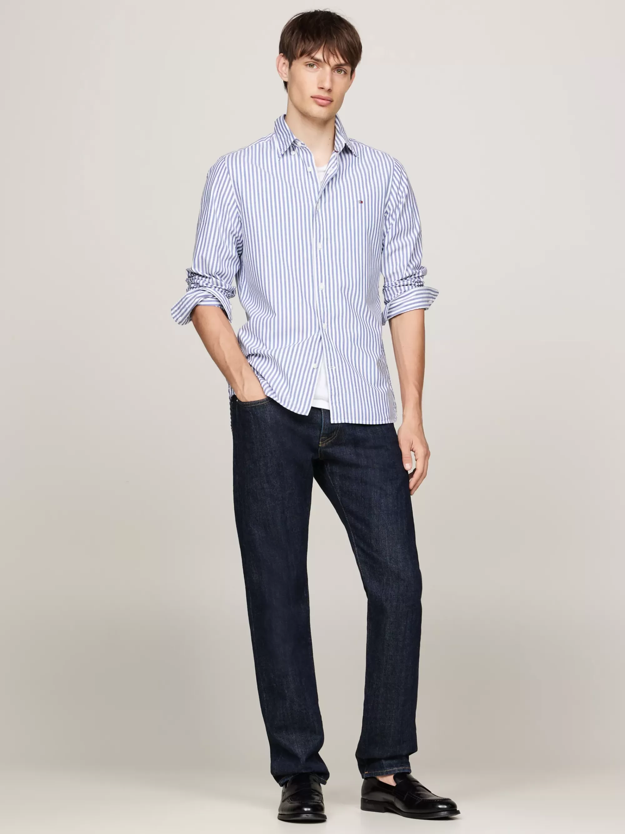 Overhemden*Tommy Hilfiger TH Flex Slim Fit Poplin Overhemd Met Strepen MID BLUE / OPTIC WHITE