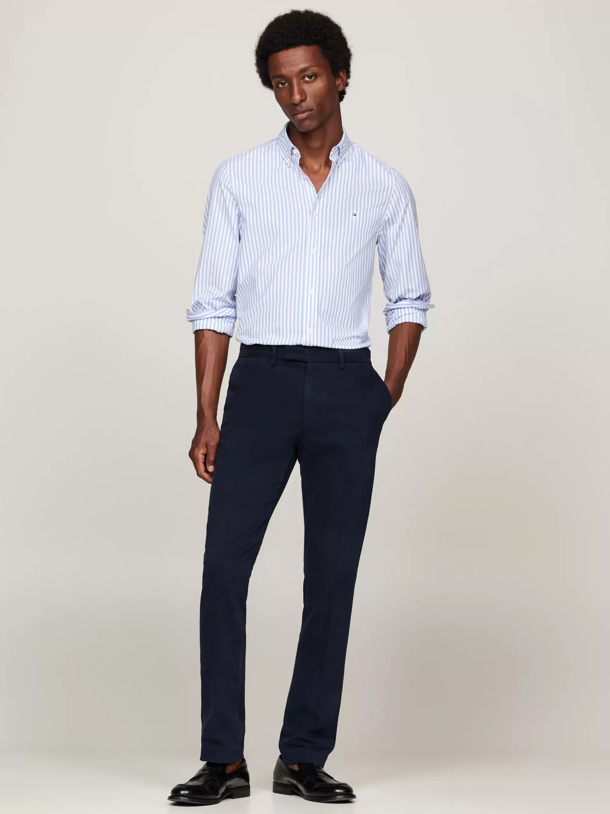 Overhemden*Tommy Hilfiger TH Flex Slim Fit Poplin Overhemd Met Strepen VESSEL BLUE/OPTIC WHITE