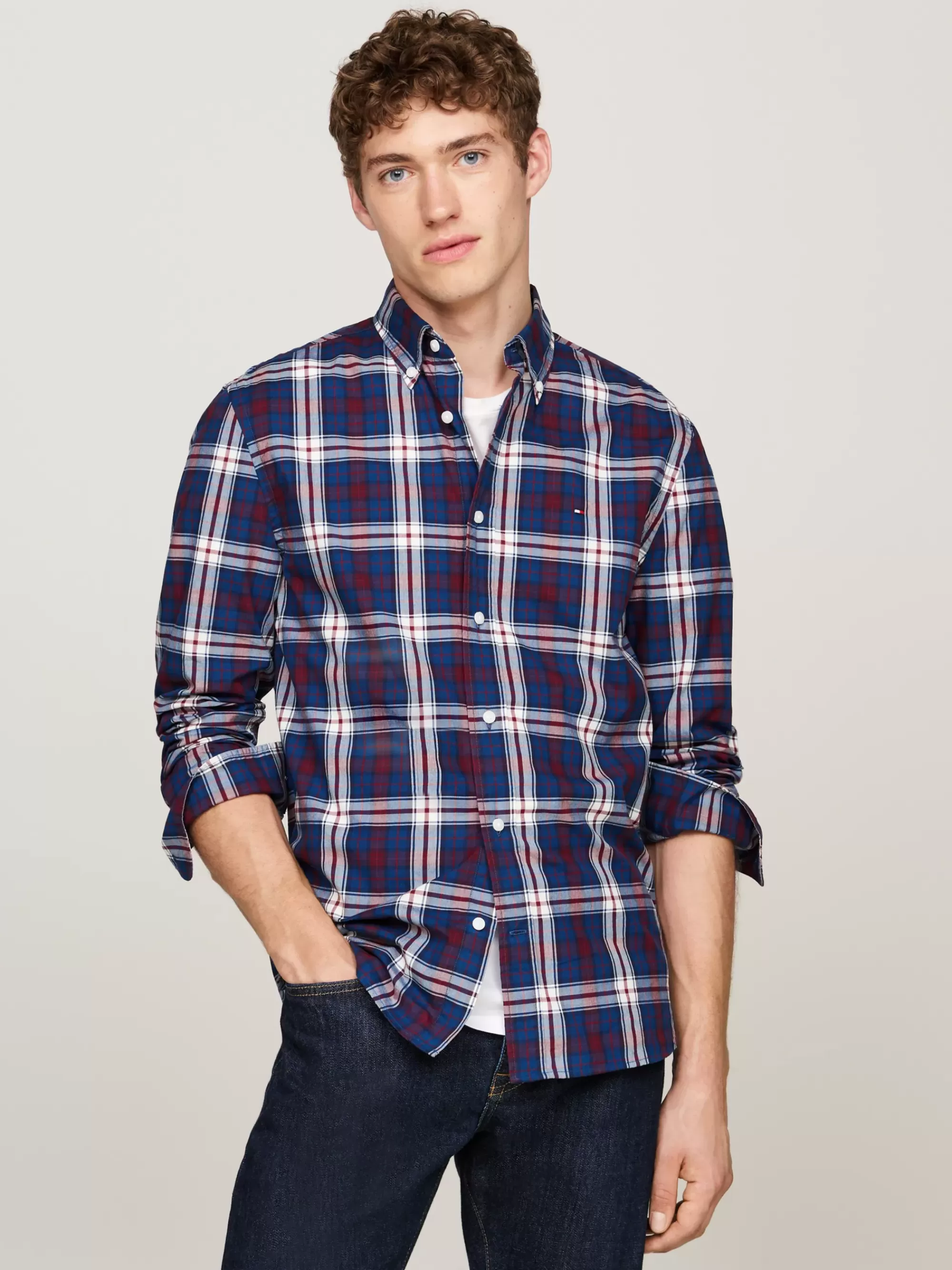 Overhemden*Tommy Hilfiger Tommy Regular Poplin Overhemd Met Tartanruit DEEP INDIGO / ROUGE CHECK