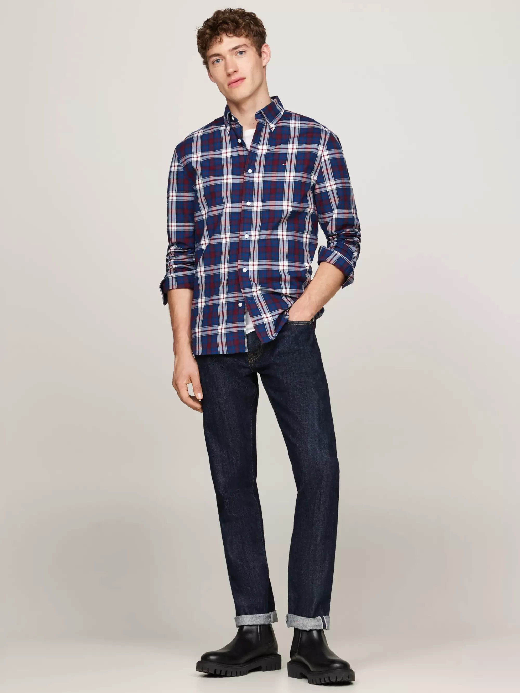 Overhemden*Tommy Hilfiger Tommy Regular Poplin Overhemd Met Tartanruit DEEP INDIGO / ROUGE CHECK
