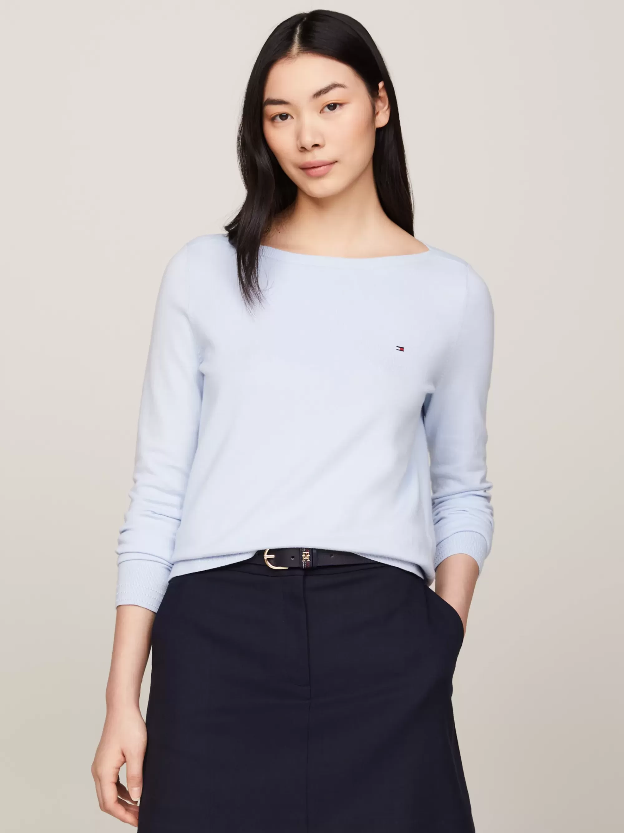 Truien Met Ronde Hals | Truien*Tommy Hilfiger Trui Met Boothals En Geborduurde Vlag BREEZY BLUE