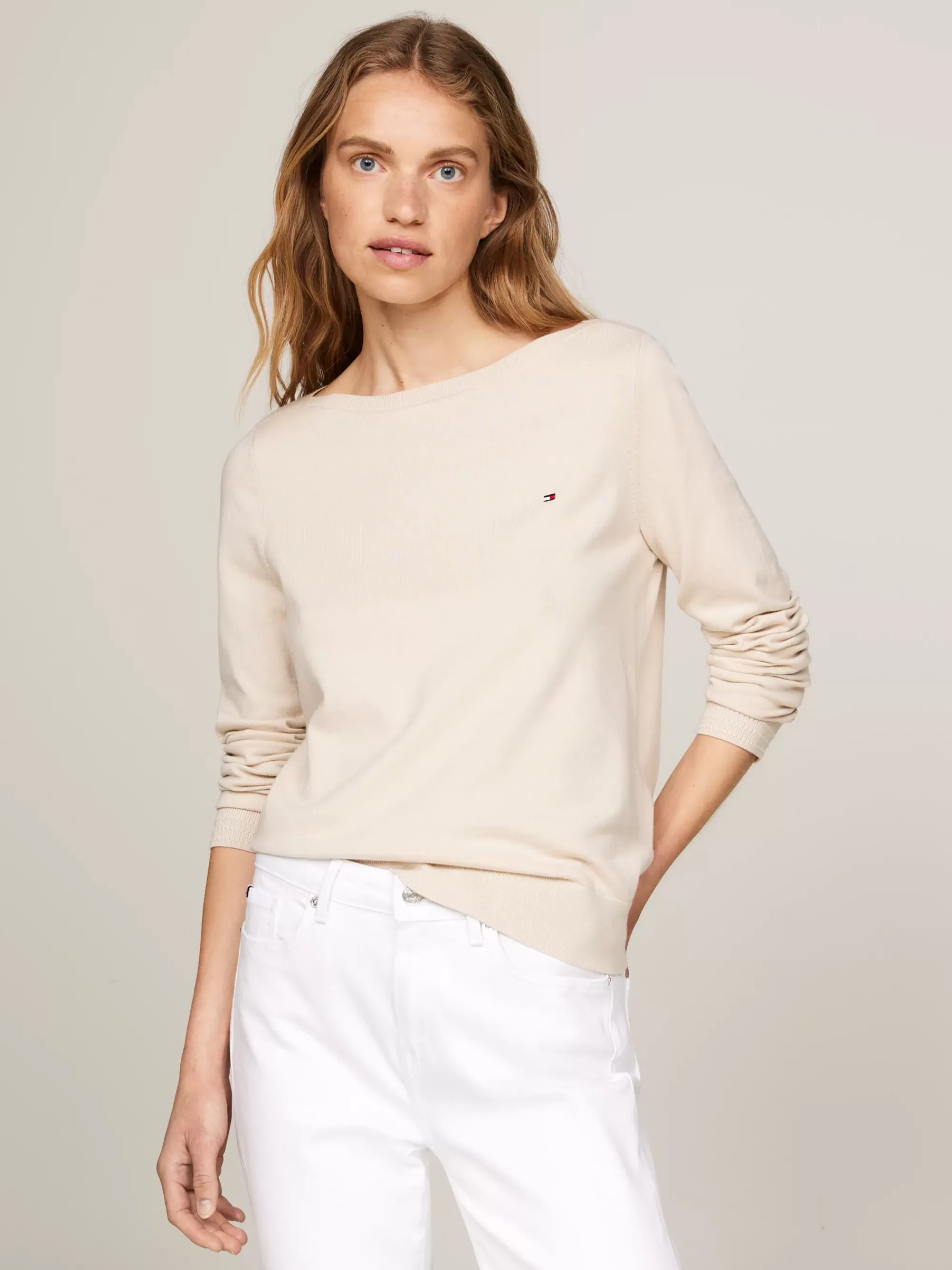 Truien Met Ronde Hals | Truien*Tommy Hilfiger Trui Met Boothals En Geborduurde Vlag CLASSIC BEIGE