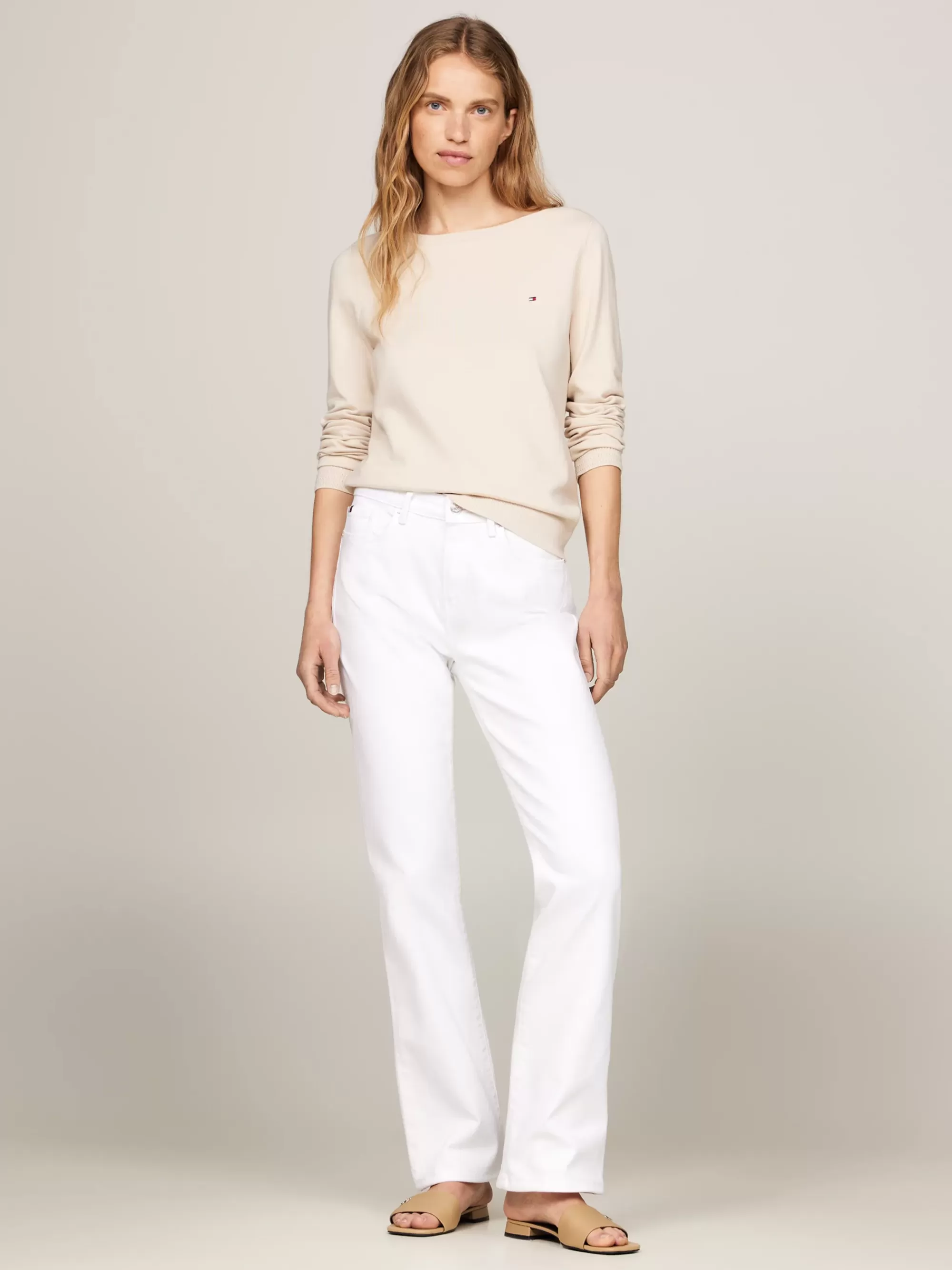 Truien Met Ronde Hals | Truien*Tommy Hilfiger Trui Met Boothals En Geborduurde Vlag CLASSIC BEIGE