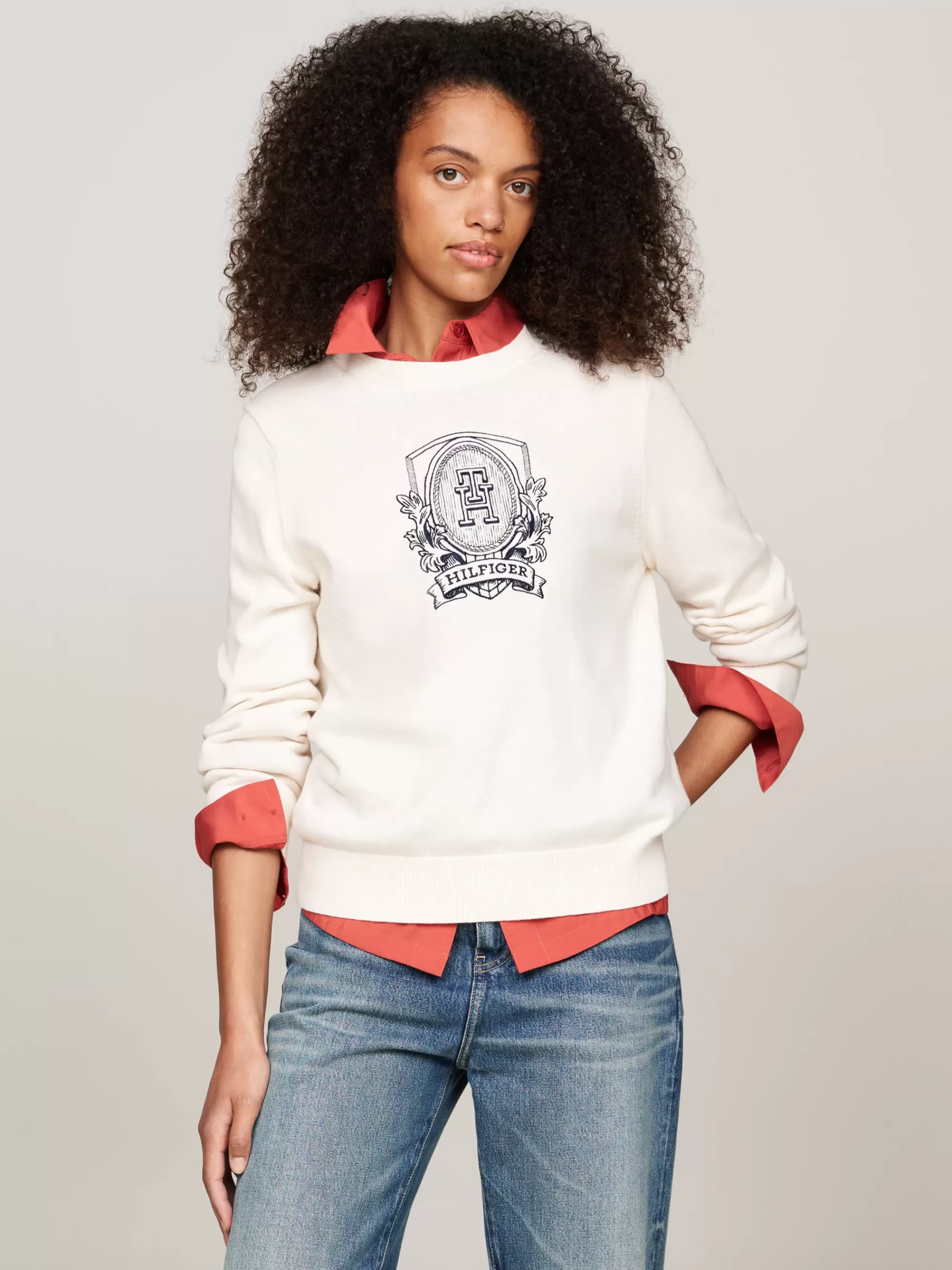 Truien Met Ronde Hals | Truien*Tommy Hilfiger Trui Met Geborduurd Embleem IVORY PETAL