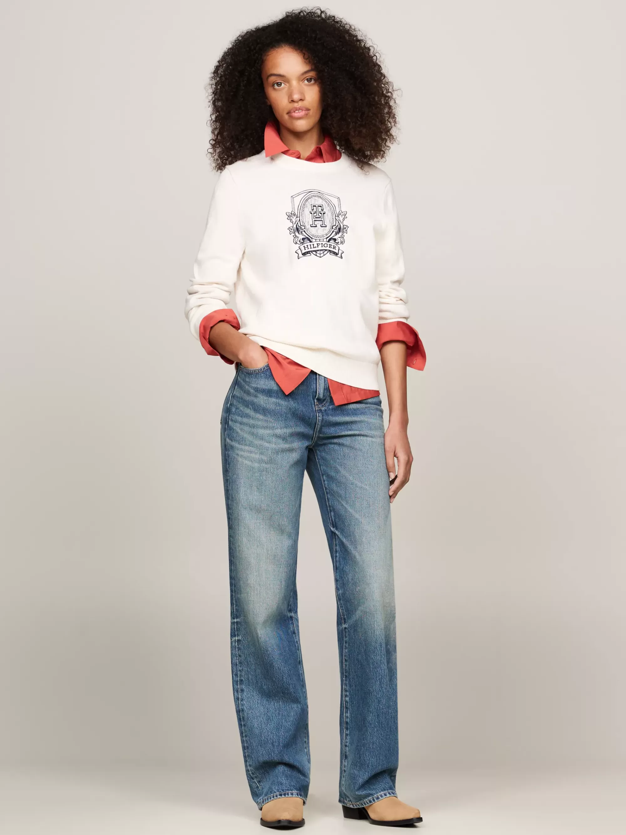 Truien Met Ronde Hals | Truien*Tommy Hilfiger Trui Met Geborduurd Embleem IVORY PETAL