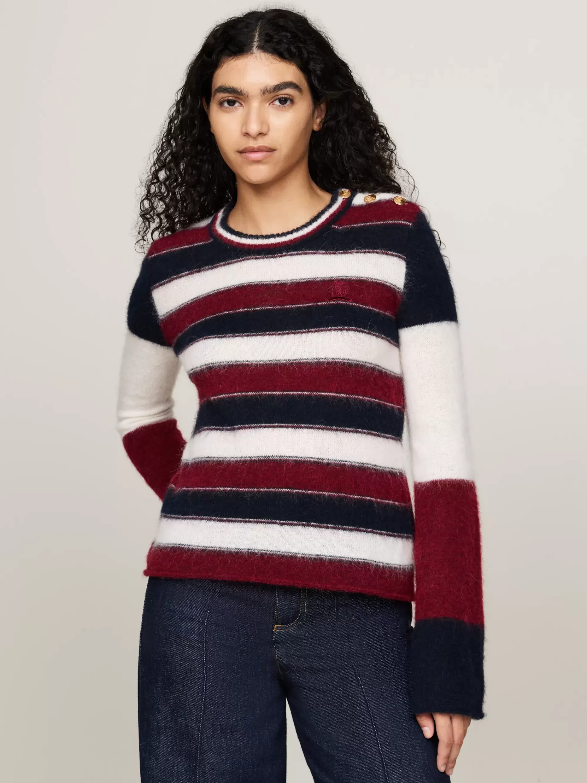 Truien Met Ronde Hals | Truien*Tommy Hilfiger Trui Met Gemengde Streep En Embleemknopen ECRU/MULTI