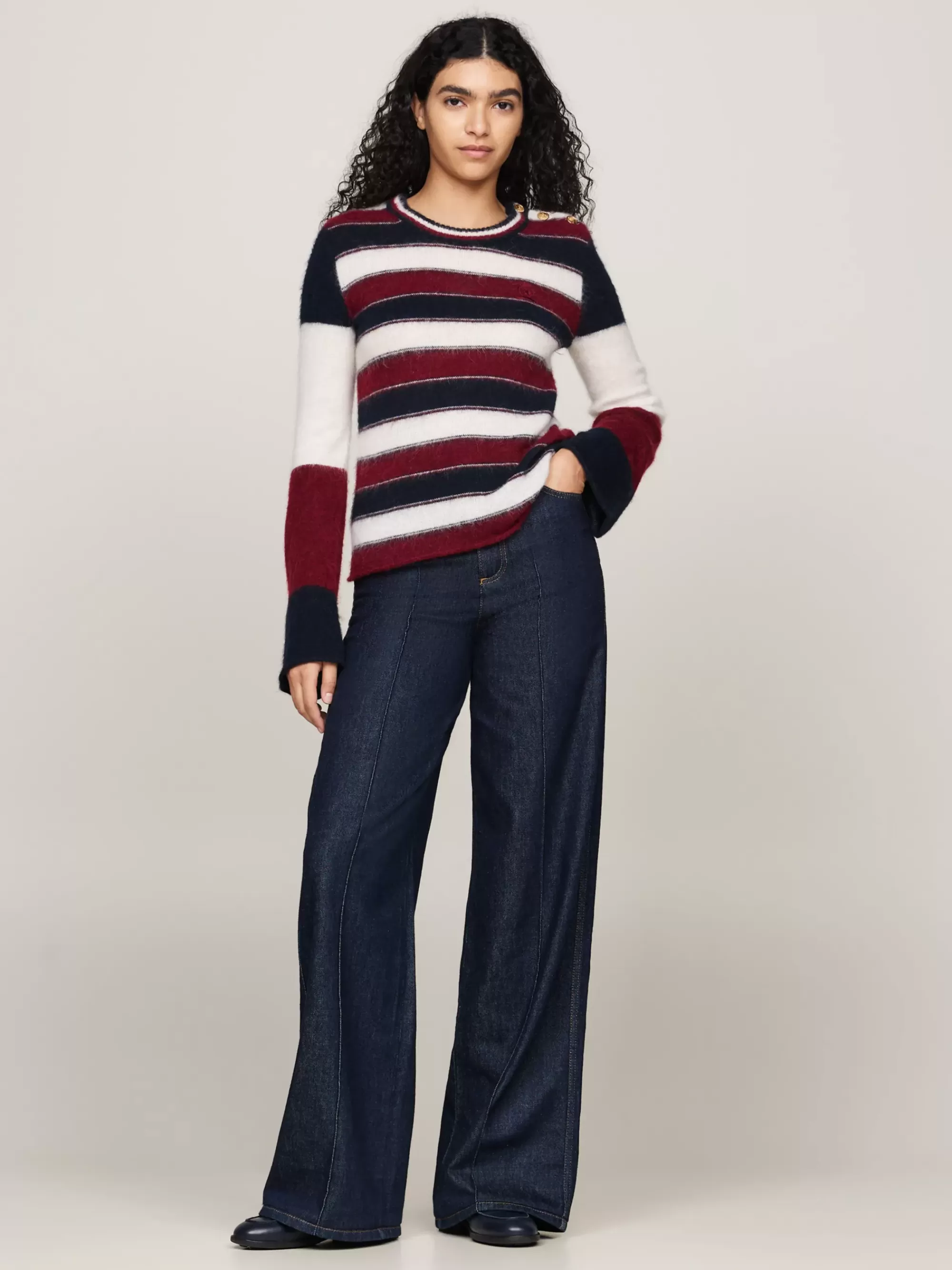 Truien Met Ronde Hals | Truien*Tommy Hilfiger Trui Met Gemengde Streep En Embleemknopen ECRU/MULTI