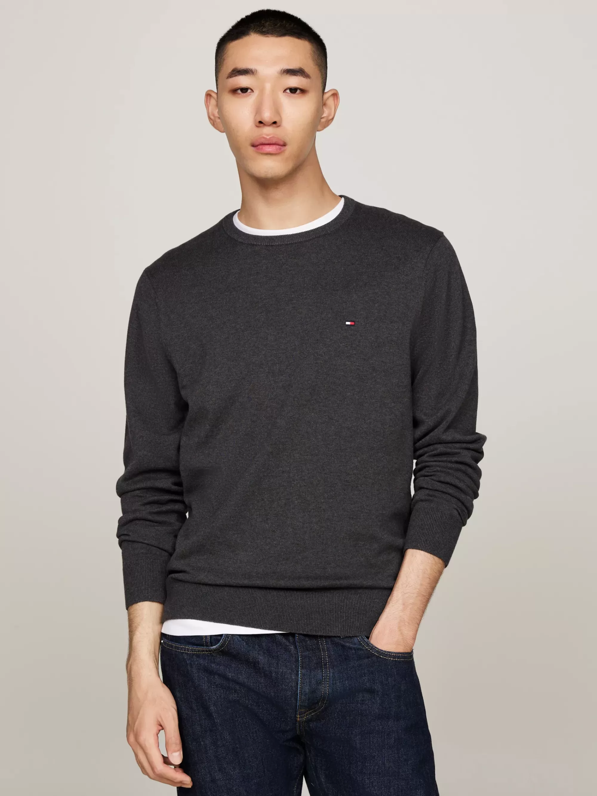 Truien Met Ronde Hals | Truien*Tommy Hilfiger Trui Met Ronde Hals En Geborduurde Vlag DARK GREY HTR