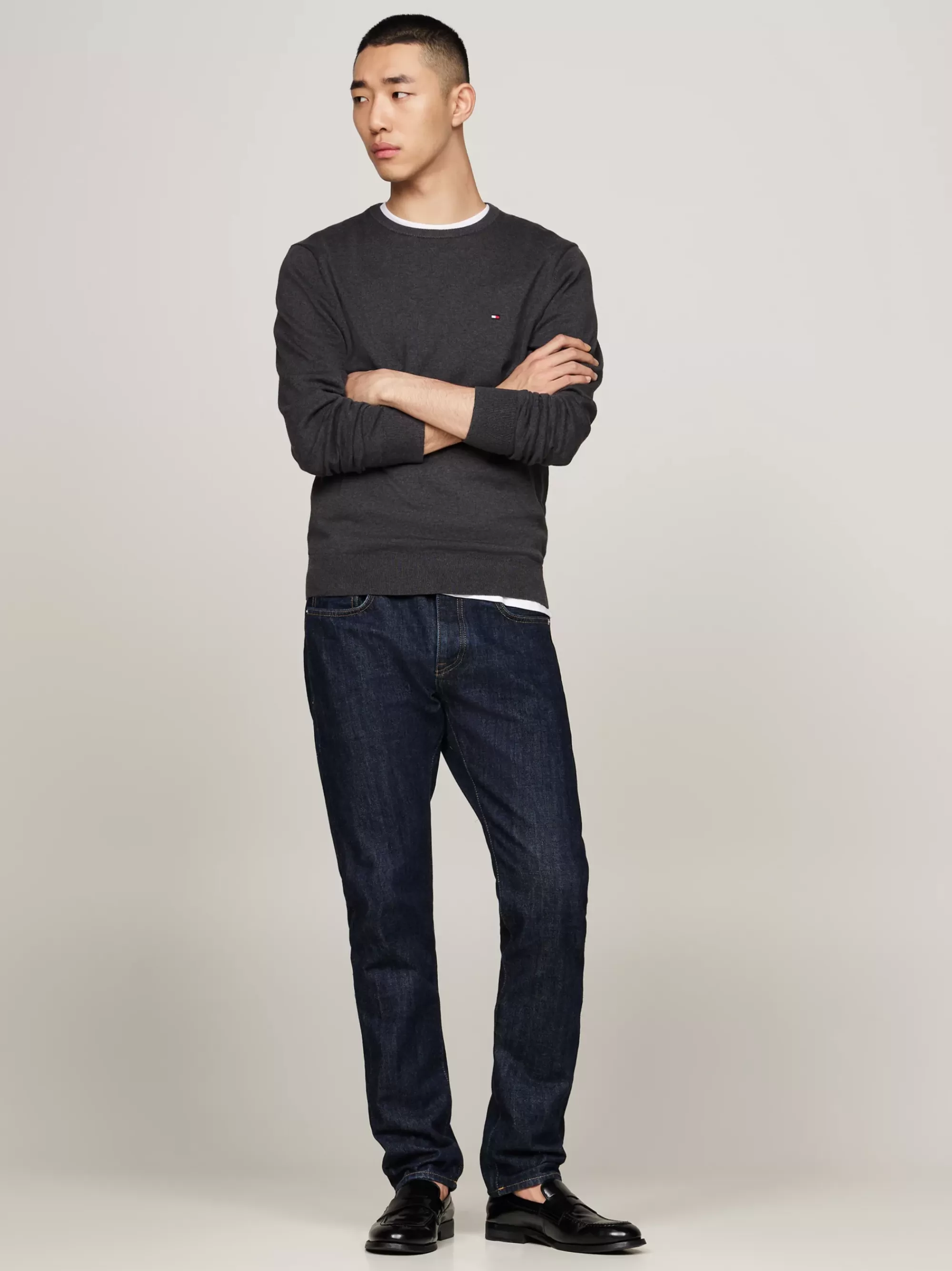 Truien Met Ronde Hals | Truien*Tommy Hilfiger Trui Met Ronde Hals En Geborduurde Vlag DARK GREY HTR