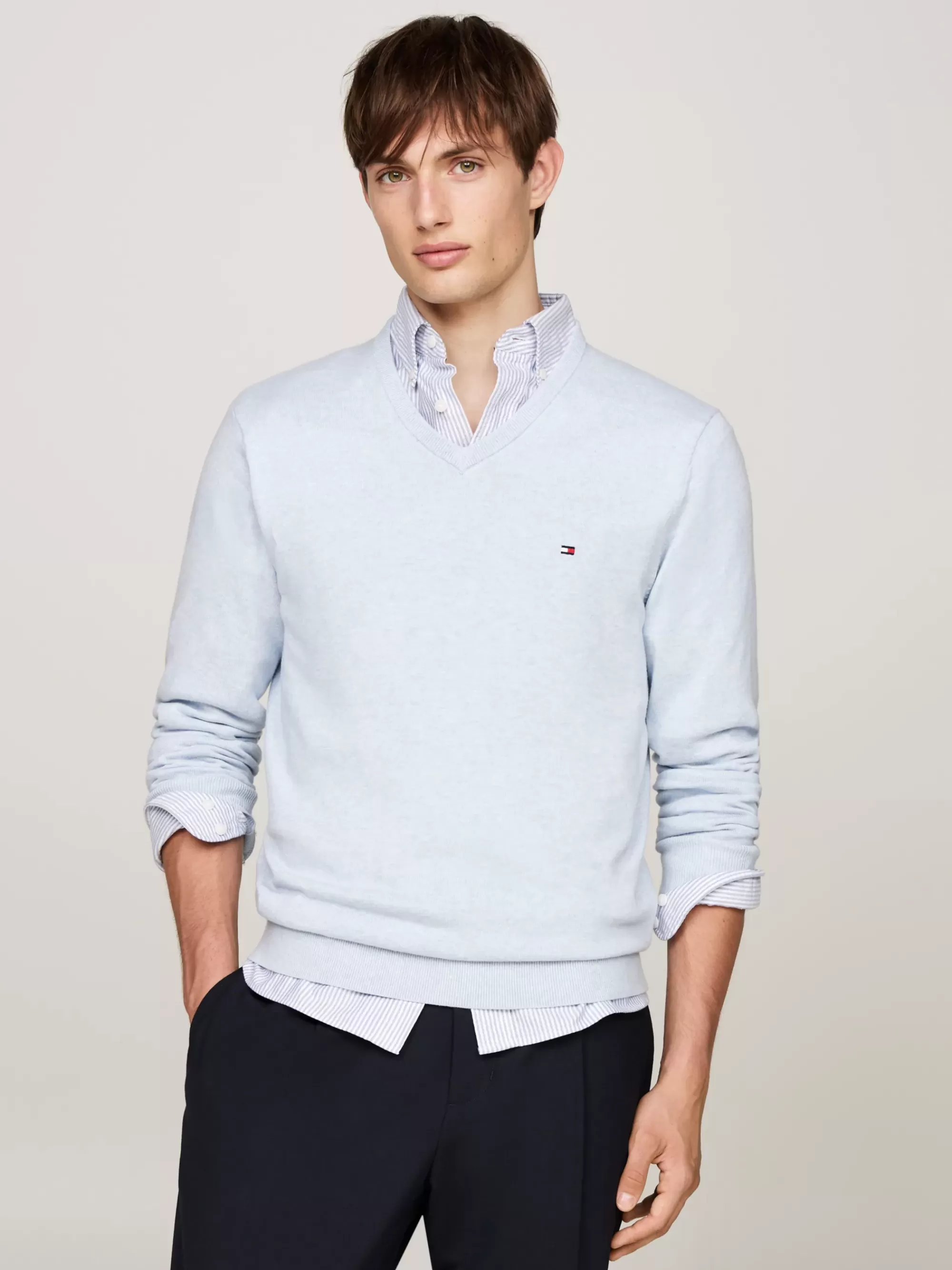 Truien Met Ronde Hals | Truien*Tommy Hilfiger Trui Met V-hals En Geborduurde Vlag VESSEL BLUE HEATHER