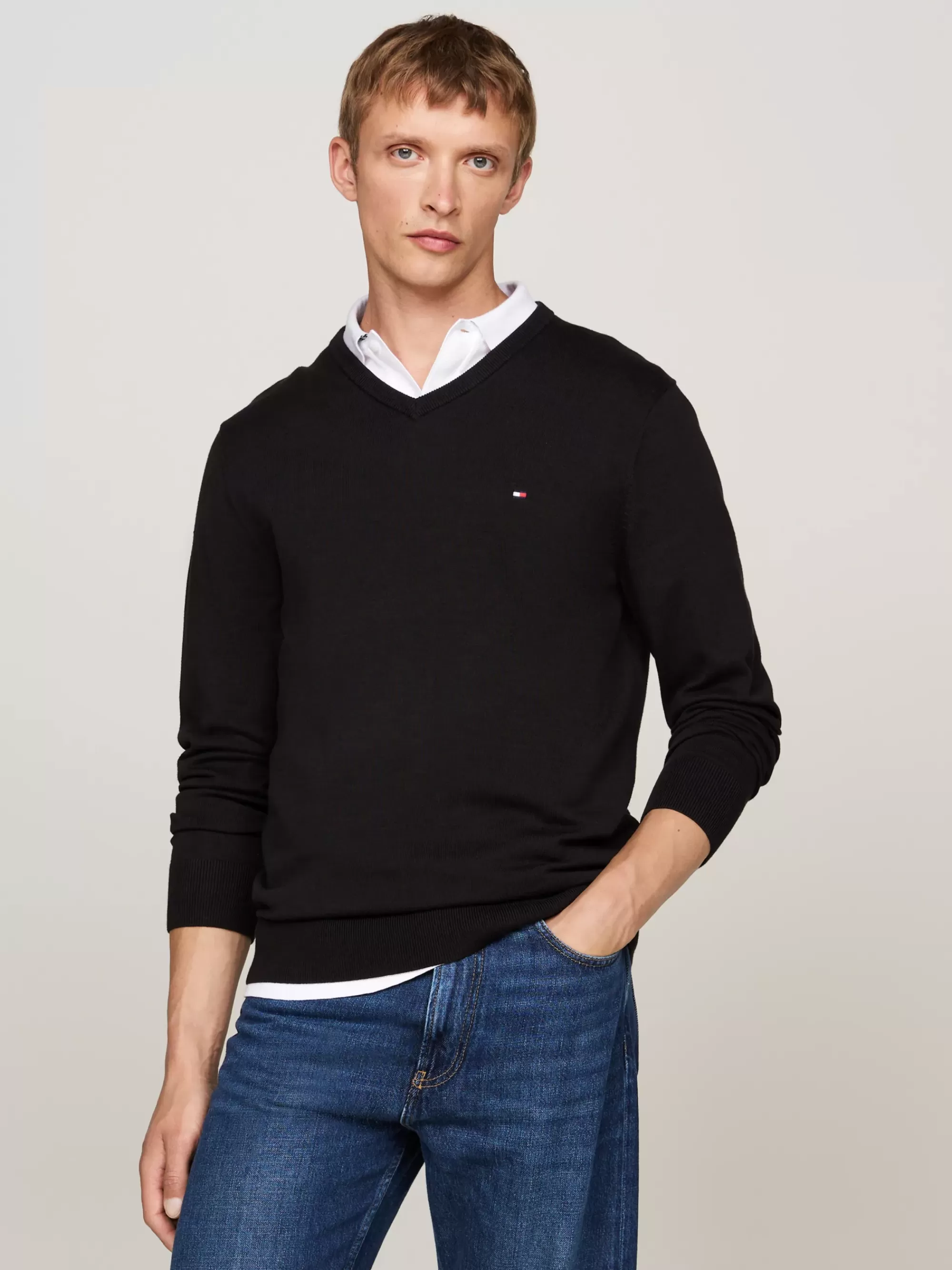 Truien Met Ronde Hals | Truien*Tommy Hilfiger Trui Met V-hals En Geborduurde Vlag BLACK