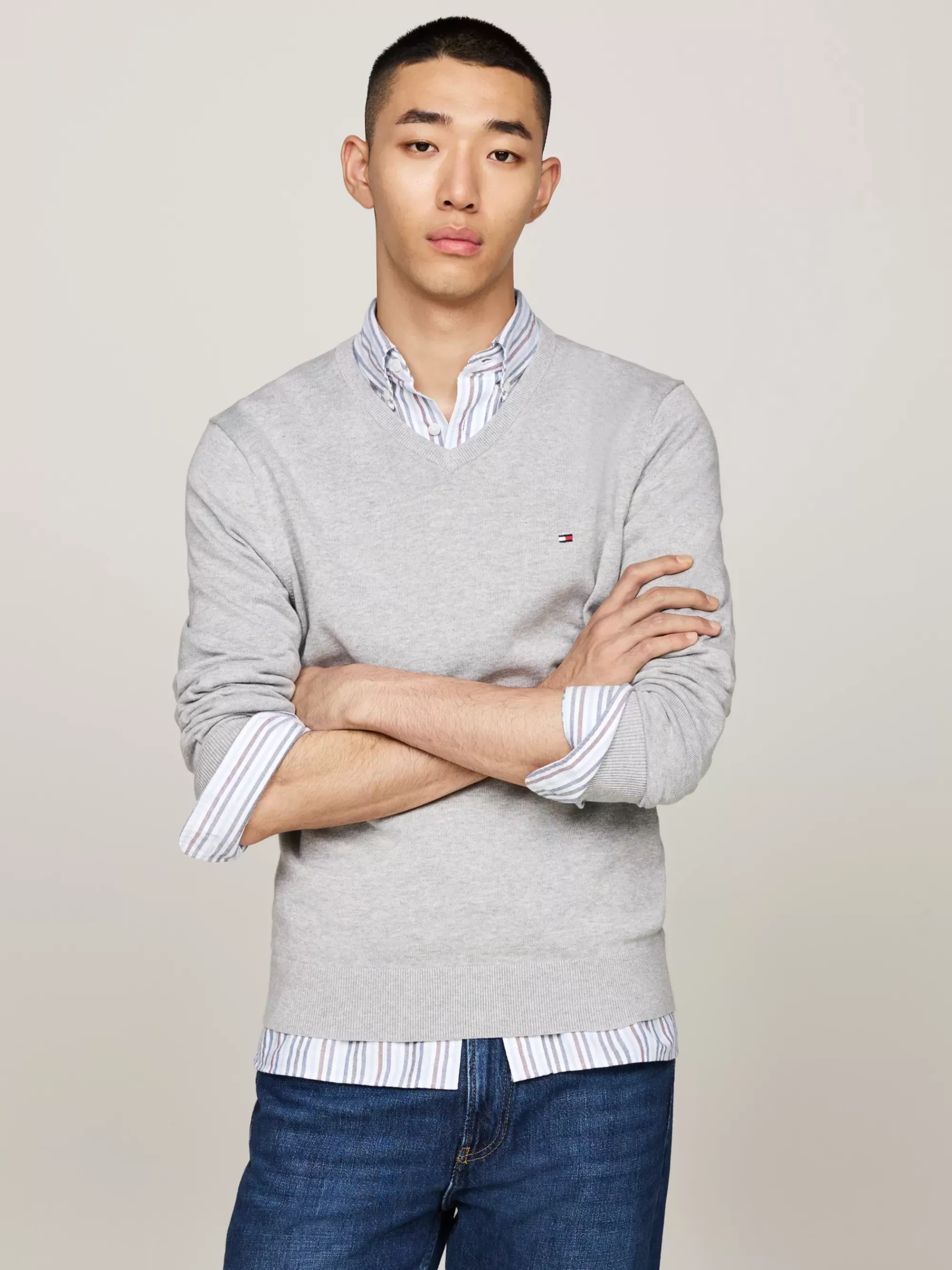Truien Met Ronde Hals | Truien*Tommy Hilfiger Trui Met V-hals En Geborduurde Vlag LIGHT GREY HEATHER