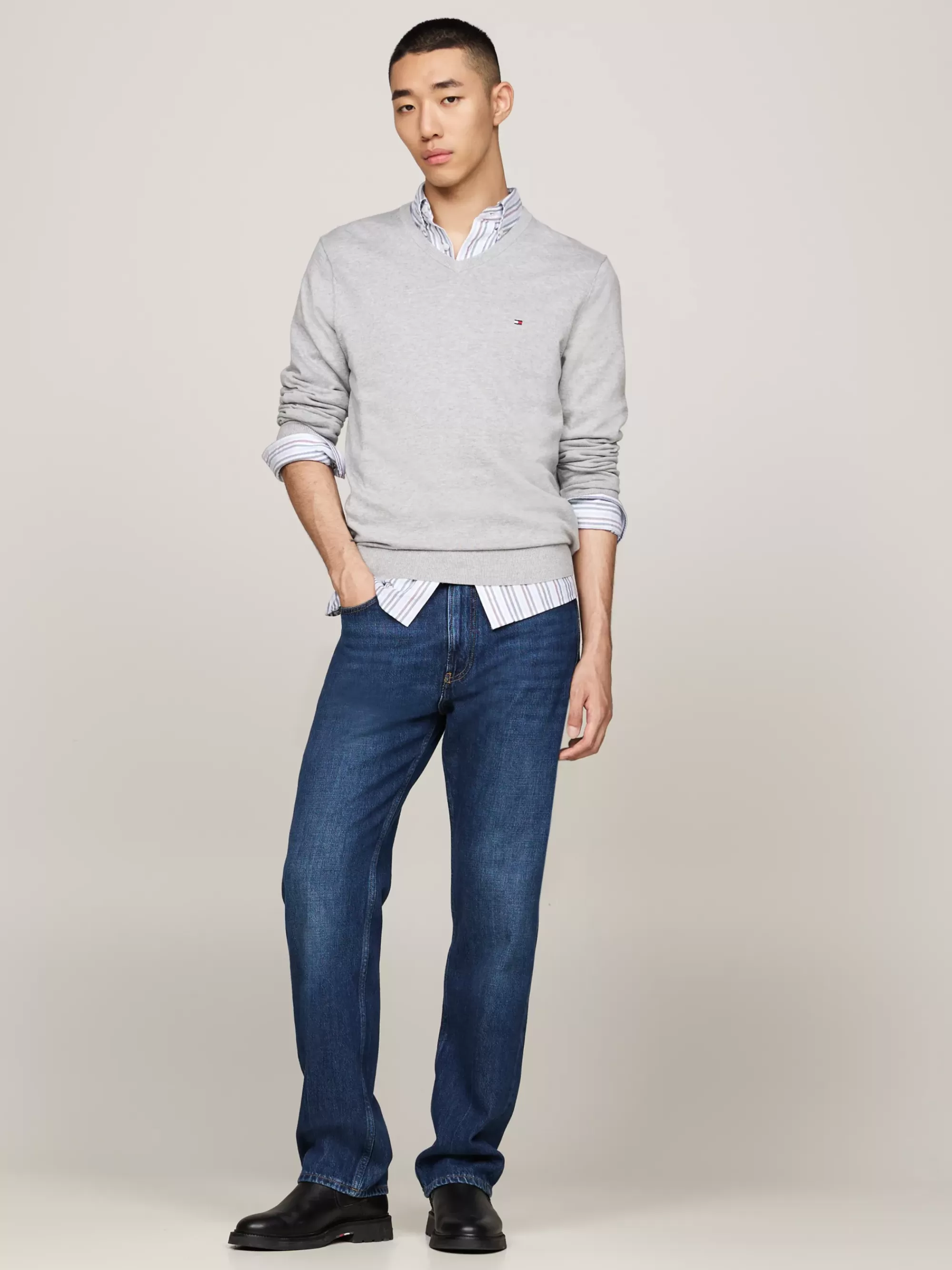Truien Met Ronde Hals | Truien*Tommy Hilfiger Trui Met V-hals En Geborduurde Vlag LIGHT GREY HEATHER