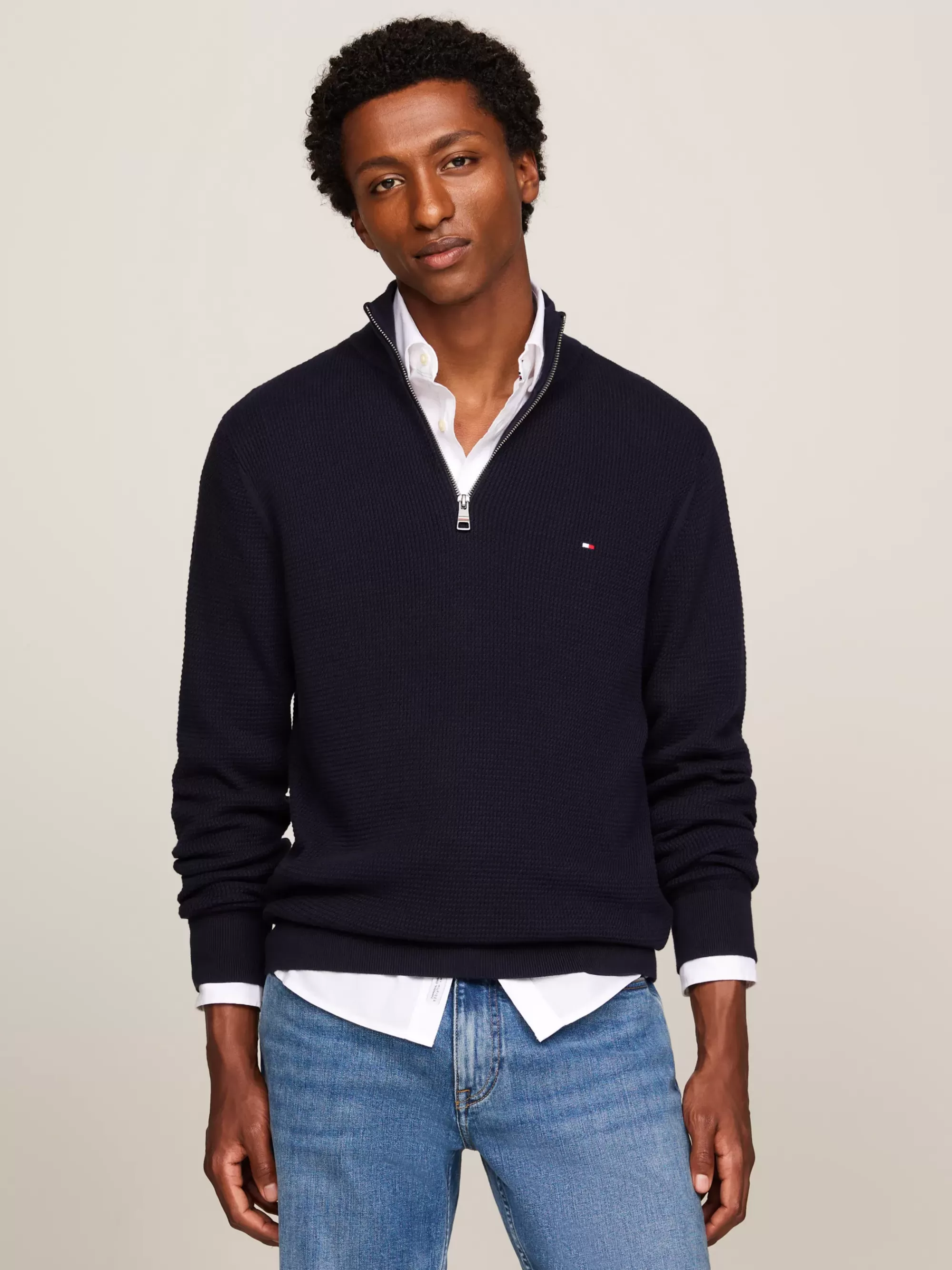Trui Met Rits | Truien*Tommy Hilfiger Trui Met Wafelsteek En Halve Rits DESERT SKY