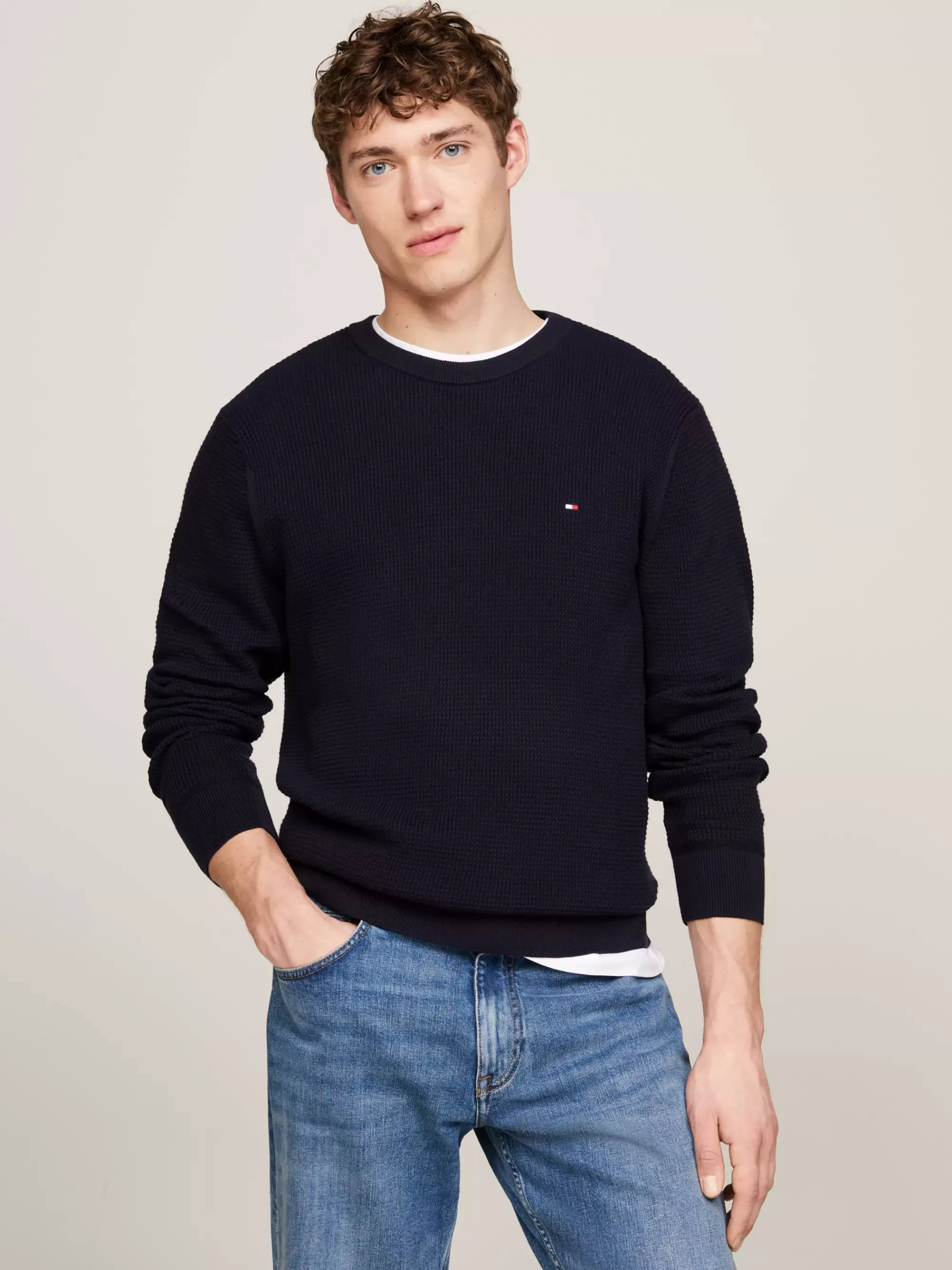Truien Met Ronde Hals | Truien*Tommy Hilfiger Trui Met Wafelsteek En Ronde Hals DESERT SKY