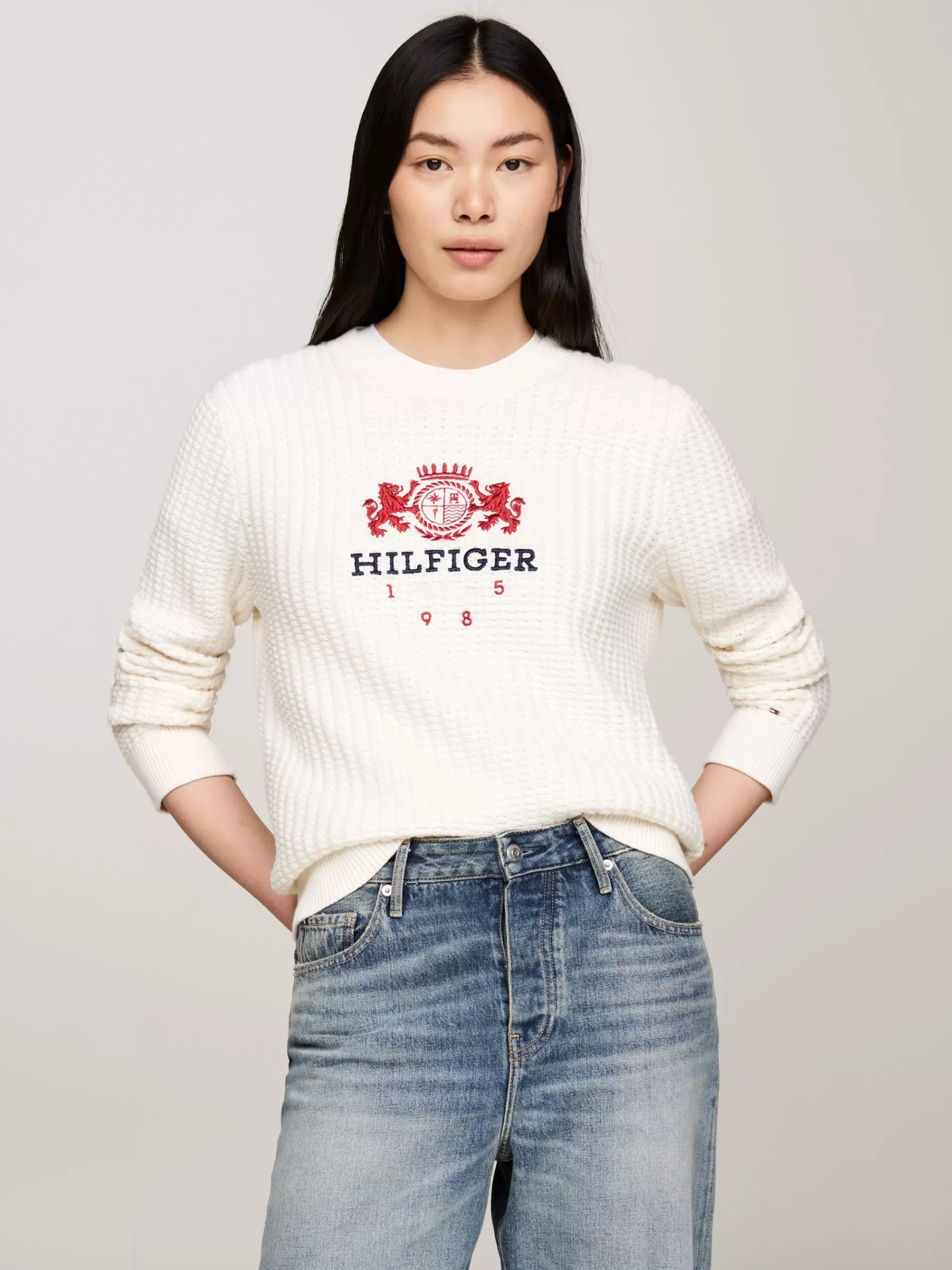 Truien Met Ronde Hals | Truien*Tommy Hilfiger Trui Met Wafeltextuur En Geborduurd Logo IVORY PETAL