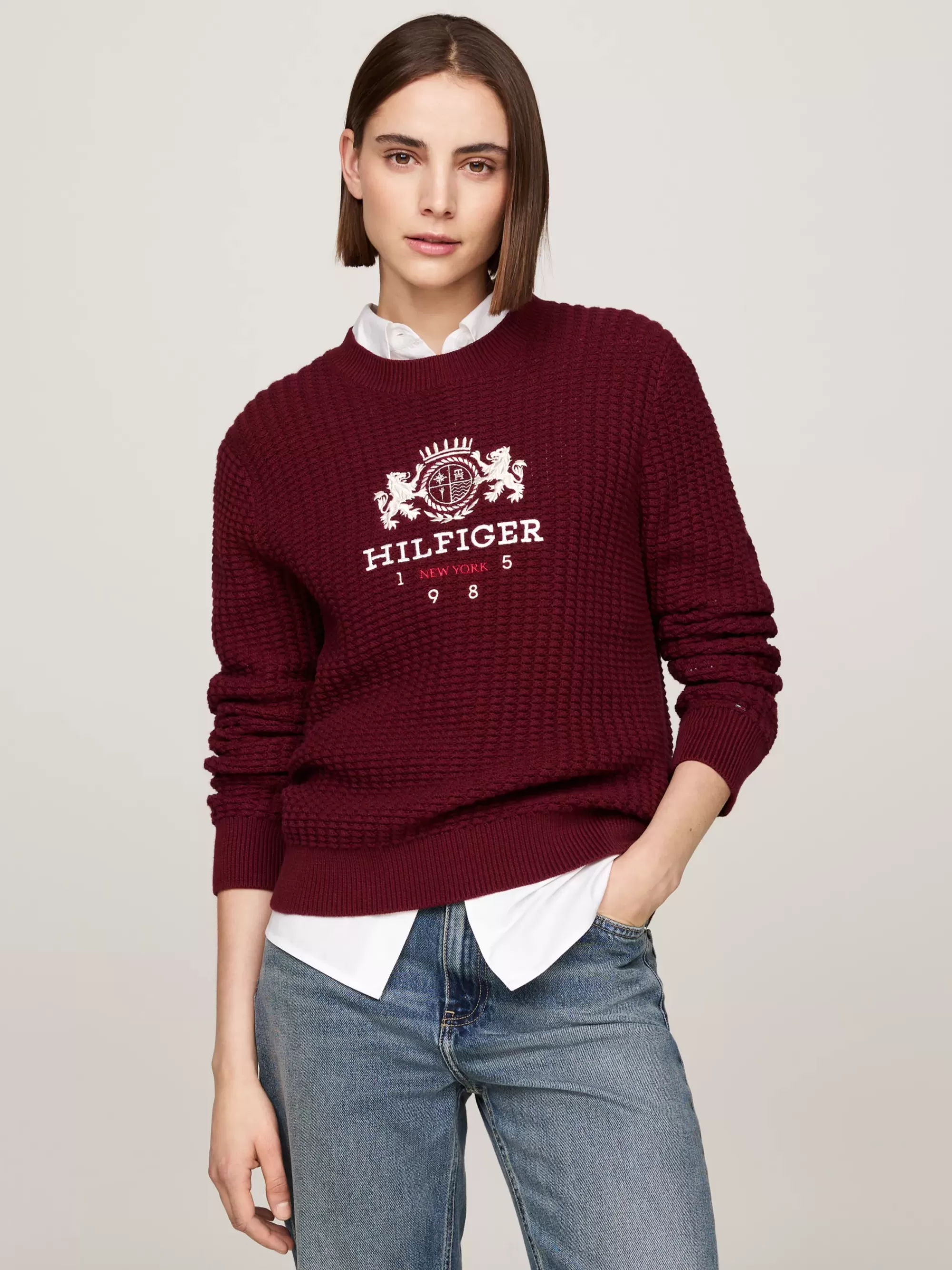 Truien Met Ronde Hals | Truien*Tommy Hilfiger Trui Met Wafeltextuur En Geborduurd Logo DEEP ROUGE
