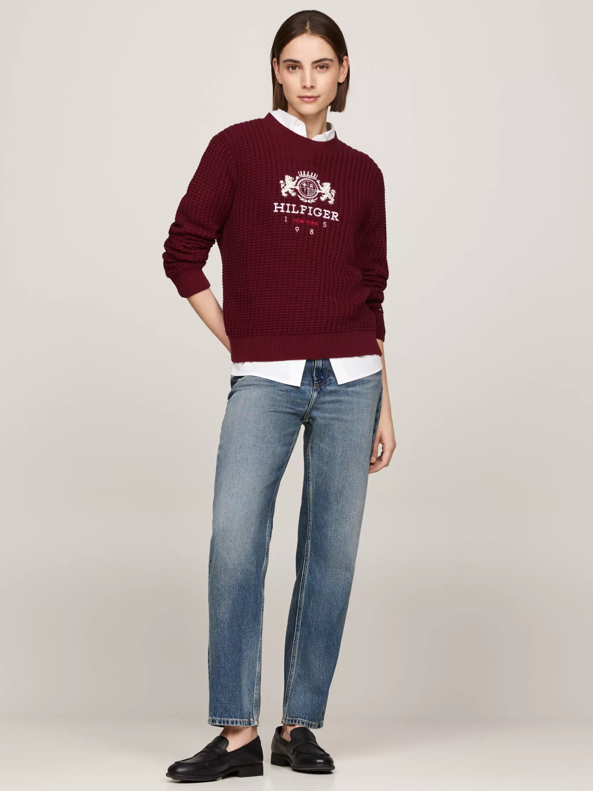 Truien Met Ronde Hals | Truien*Tommy Hilfiger Trui Met Wafeltextuur En Geborduurd Logo DEEP ROUGE