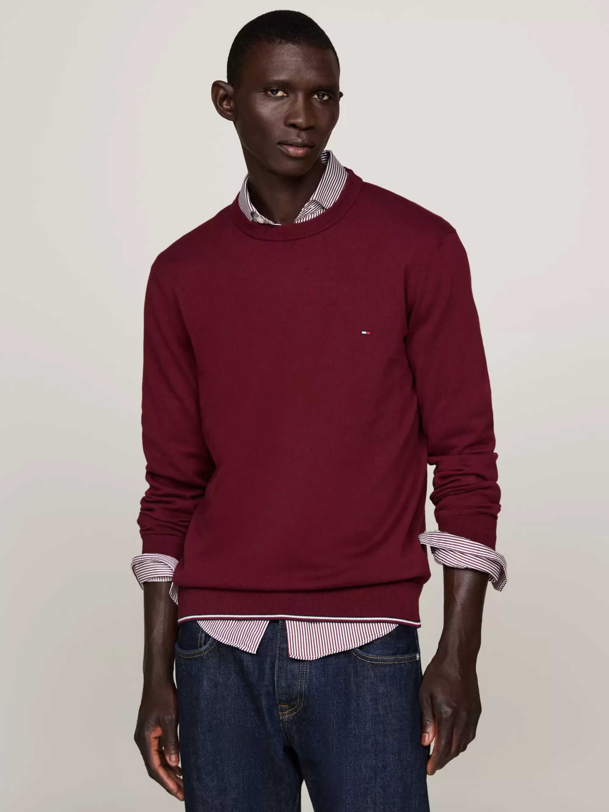 Truien Met Ronde Hals | Truien*Tommy Hilfiger Trui Met Zijde, Streepdetail En Ronde Hals DEEP ROUGE