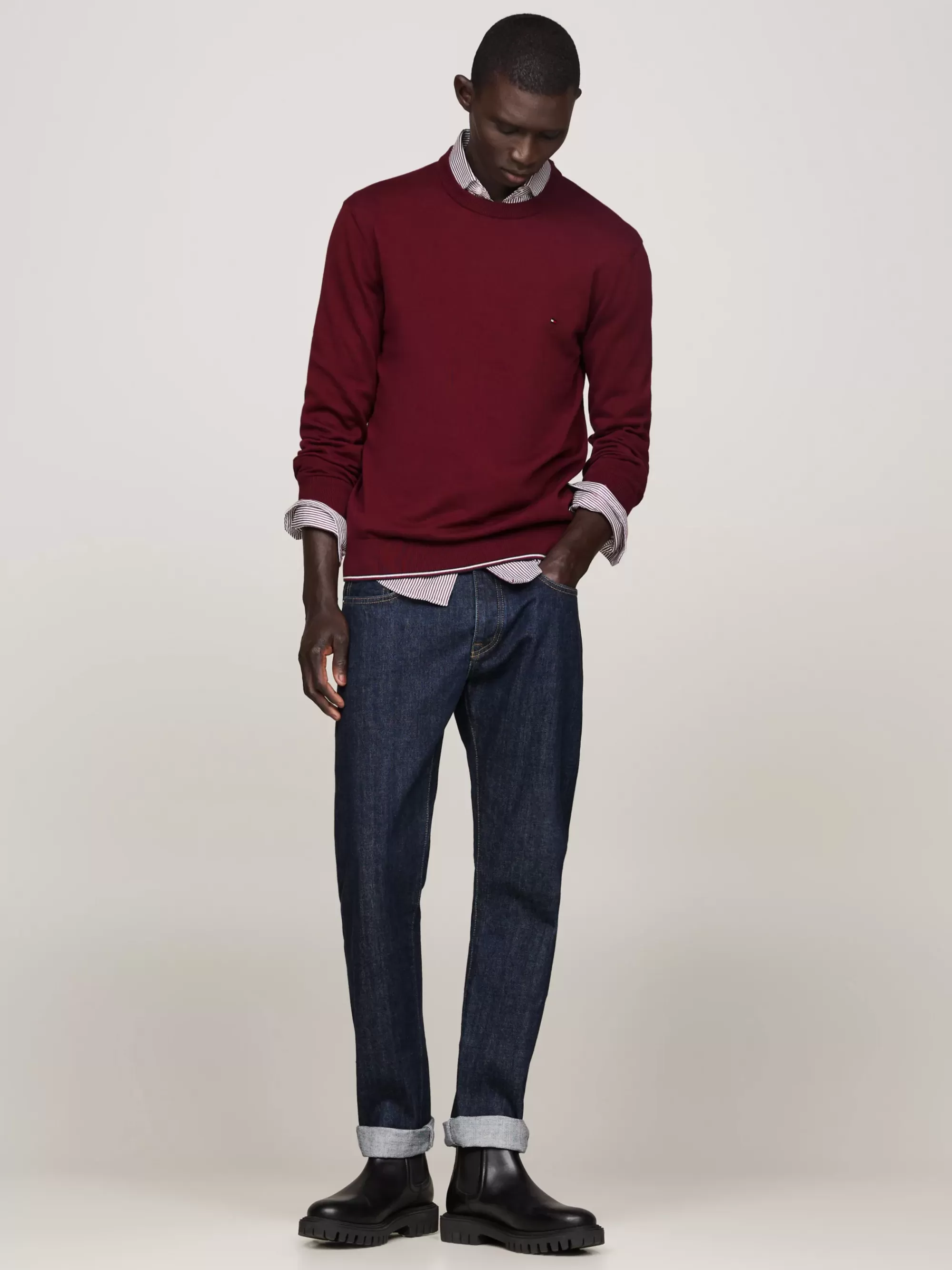 Truien Met Ronde Hals | Truien*Tommy Hilfiger Trui Met Zijde, Streepdetail En Ronde Hals DEEP ROUGE