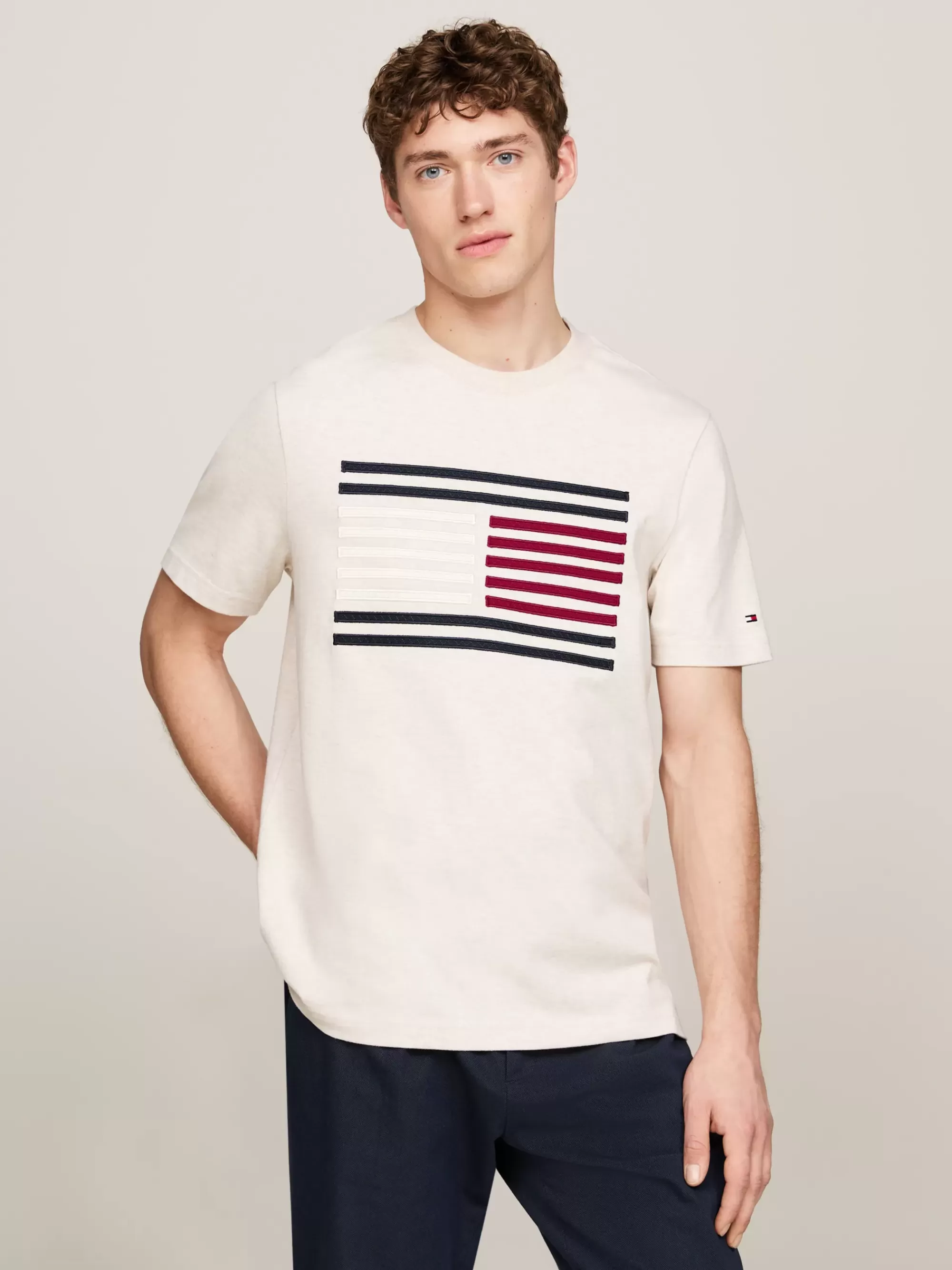 T-Shirts*Tommy Hilfiger T-shirt Met Grosgrain Vlaglogo En Tape HEATHERED OATMILK