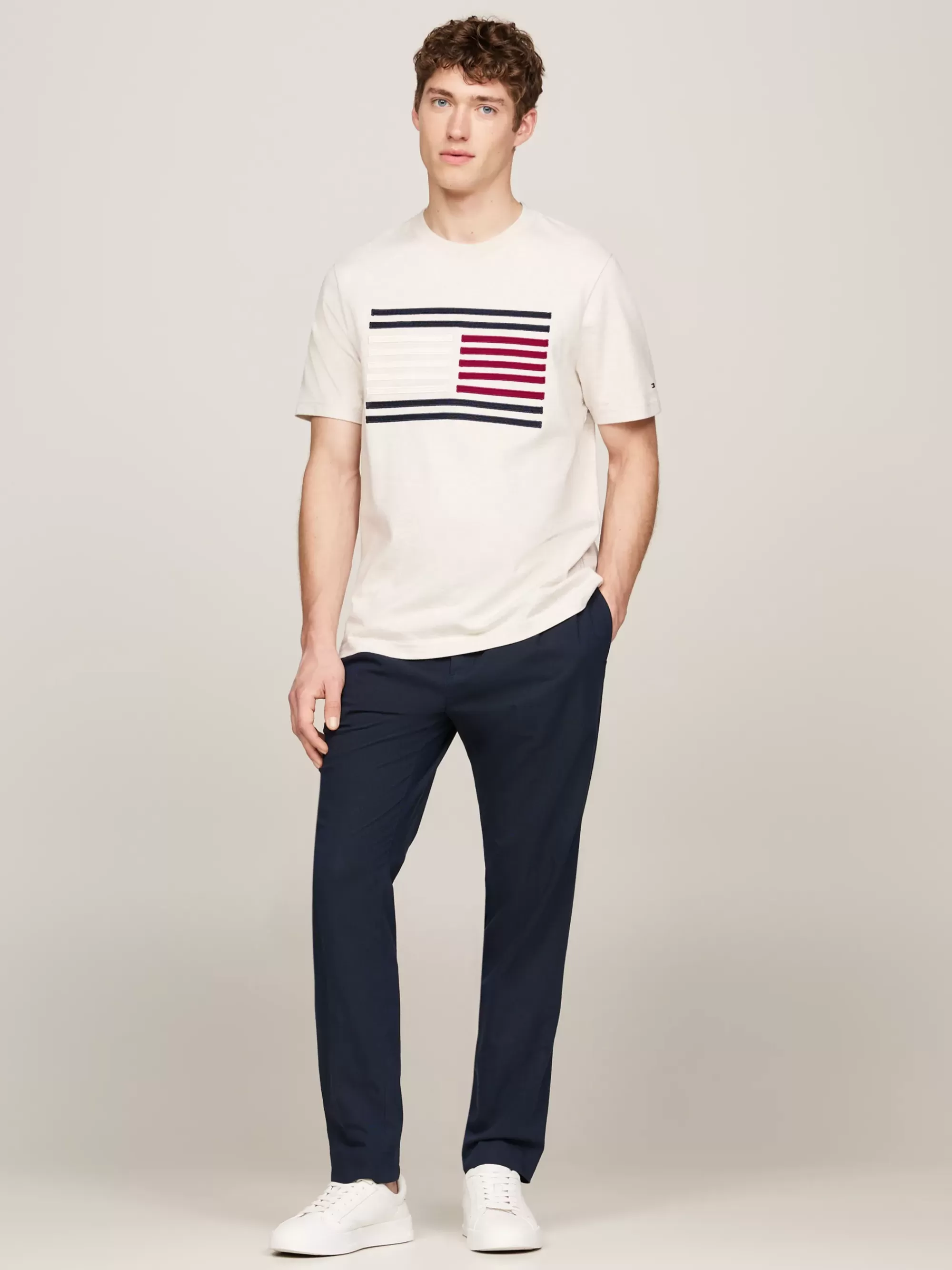 T-Shirts*Tommy Hilfiger T-shirt Met Grosgrain Vlaglogo En Tape HEATHERED OATMILK