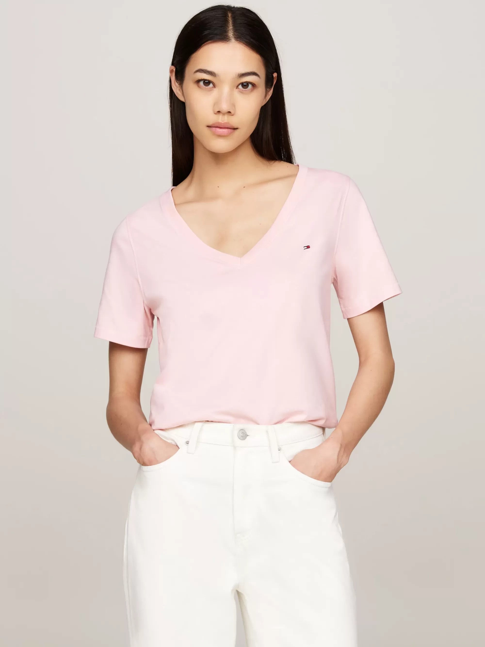 T-Shirts*Tommy Hilfiger T-shirt Met V-hals En Geborduurde Vlag DELICATE PINK