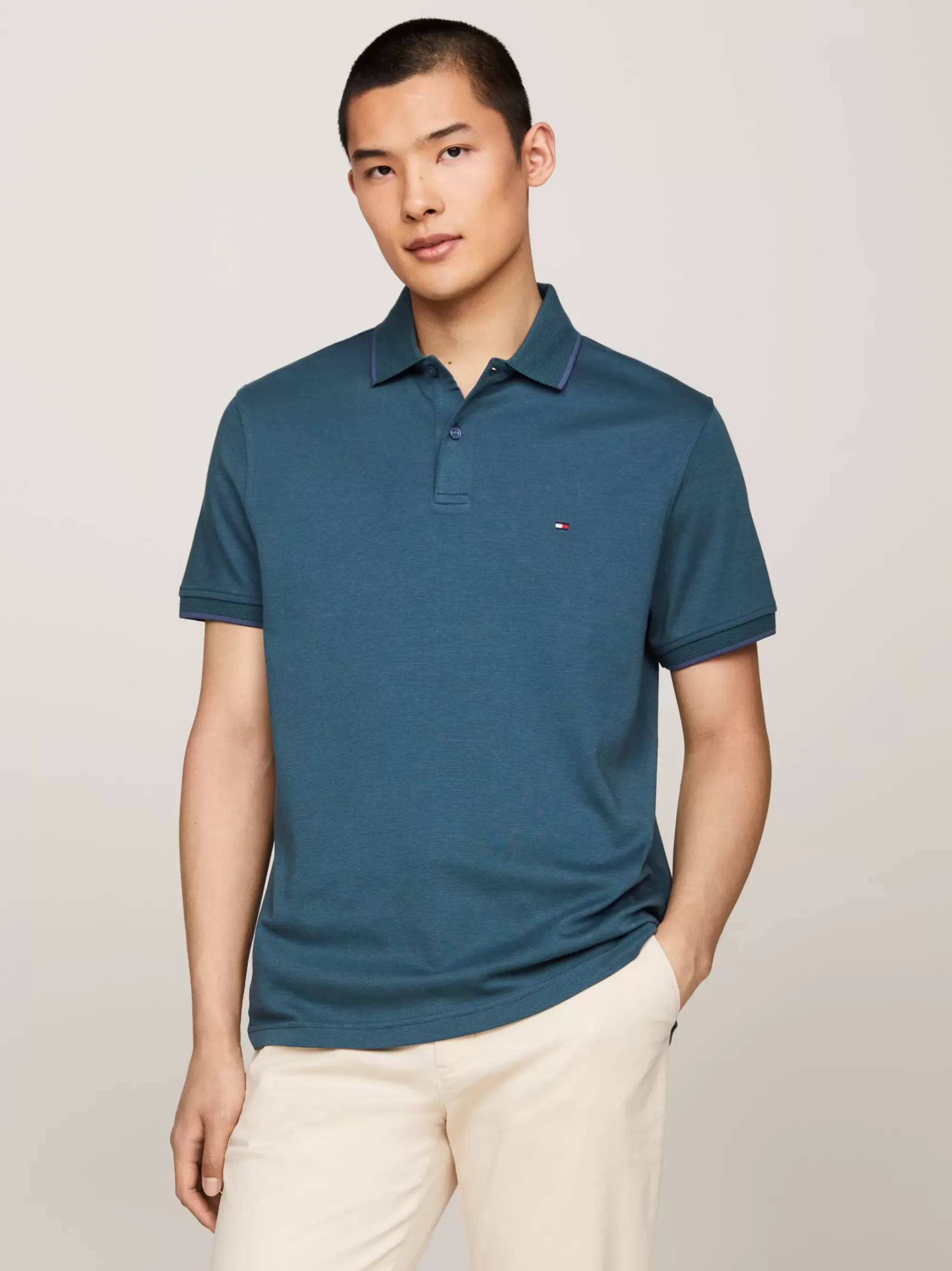 Polo's*Tommy Hilfiger Tweekleurige Regular Fit Polo Met Streep ORNAMENTAL GREEN / AEGEAN SEA