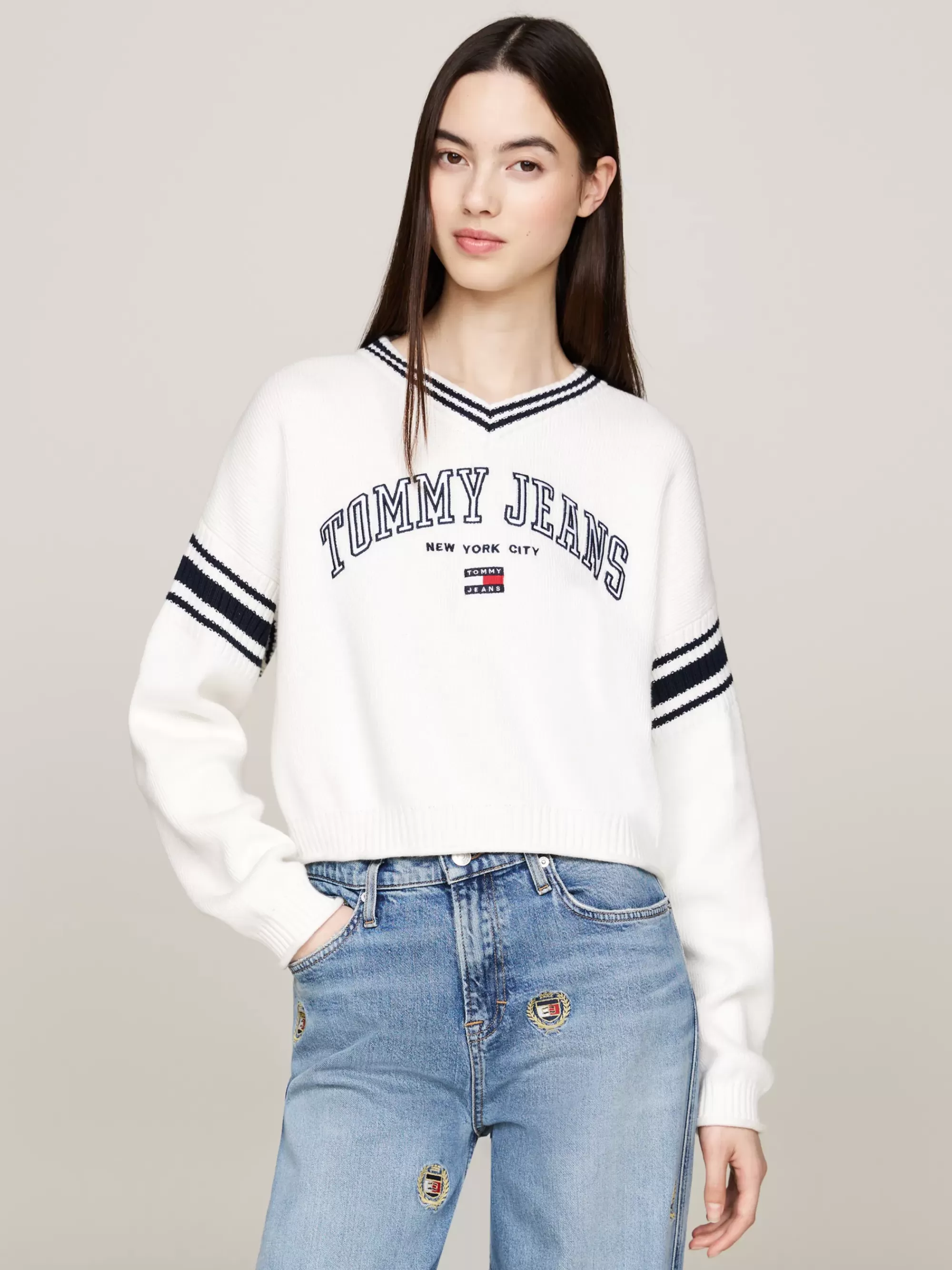 Truien & Vesten | Truien*Tommy Hilfiger Varsity Cropped Trui Met V-hals ANCIENT WHITE