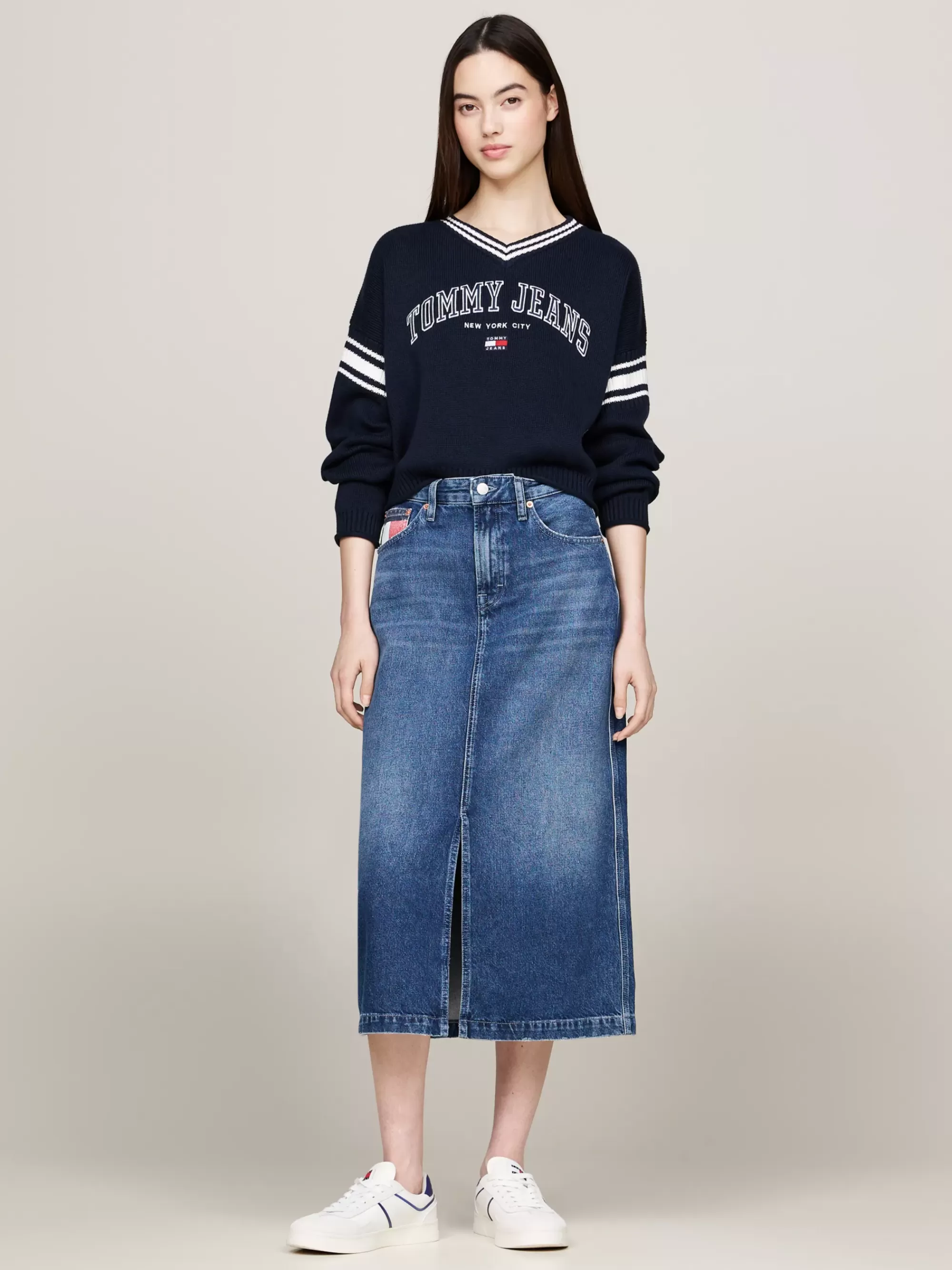 Truien | Truien & Vesten*Tommy Hilfiger Varsity Cropped Trui Met V-hals DARK NIGHT NAVY